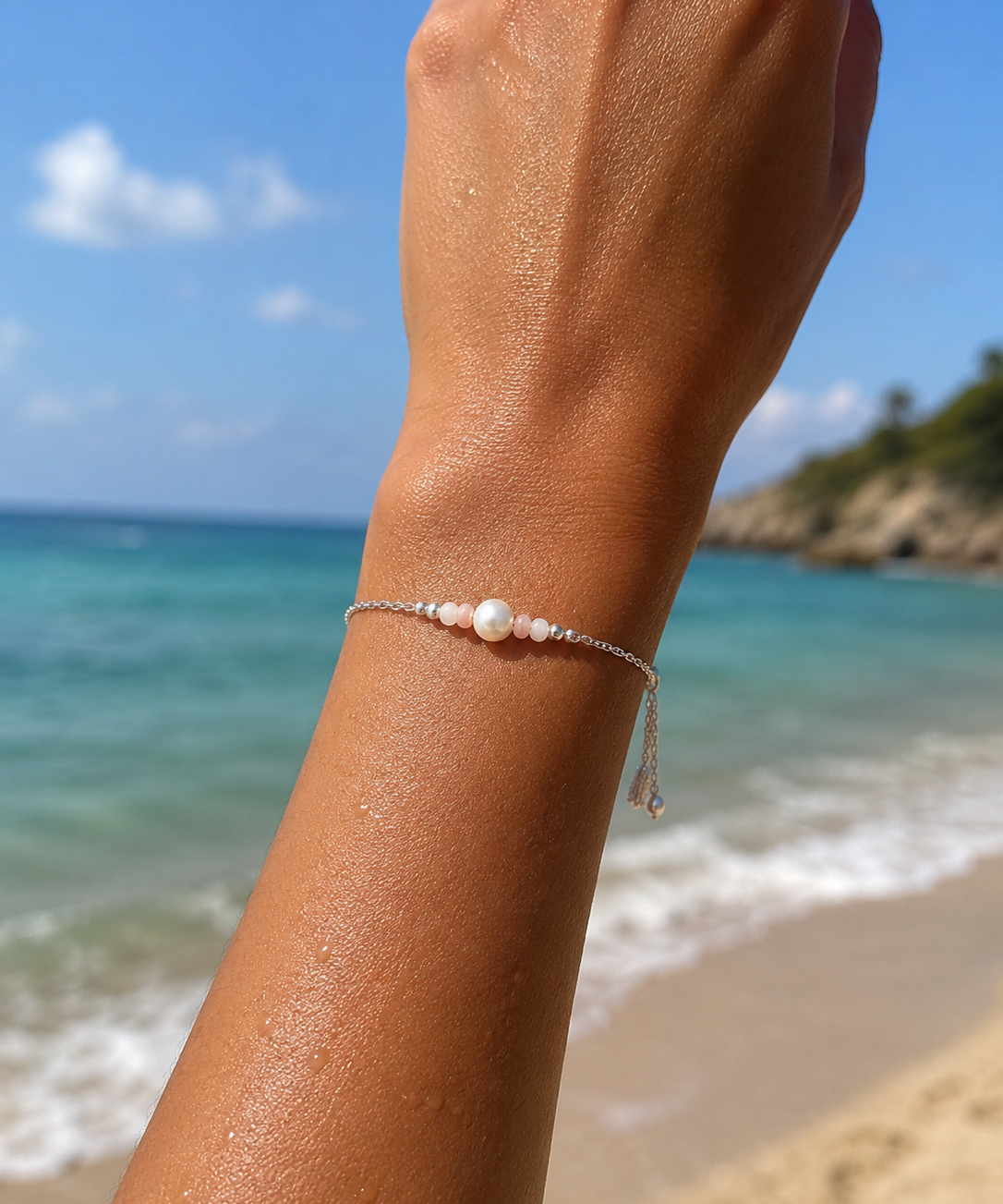 Sea Dreams Pearl Bracelet Pink Opal in 925 sterling silver with genuine freshwater pearl, soft pink opal gemstones, silver tassel details, and adjustable chain