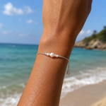 Sea Dreams Pearl Bracelet Pink Opal in 925 sterling silver with genuine freshwater pearl, soft pink opal gemstones, silver tassel details, and adjustable chain