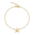 Starfish Rice Pearl Anklet Gold by Lush Designs Jewellery featuring a textured gold vermeil starfish charm, white freshwater rice pearls and adjustable gold chain.