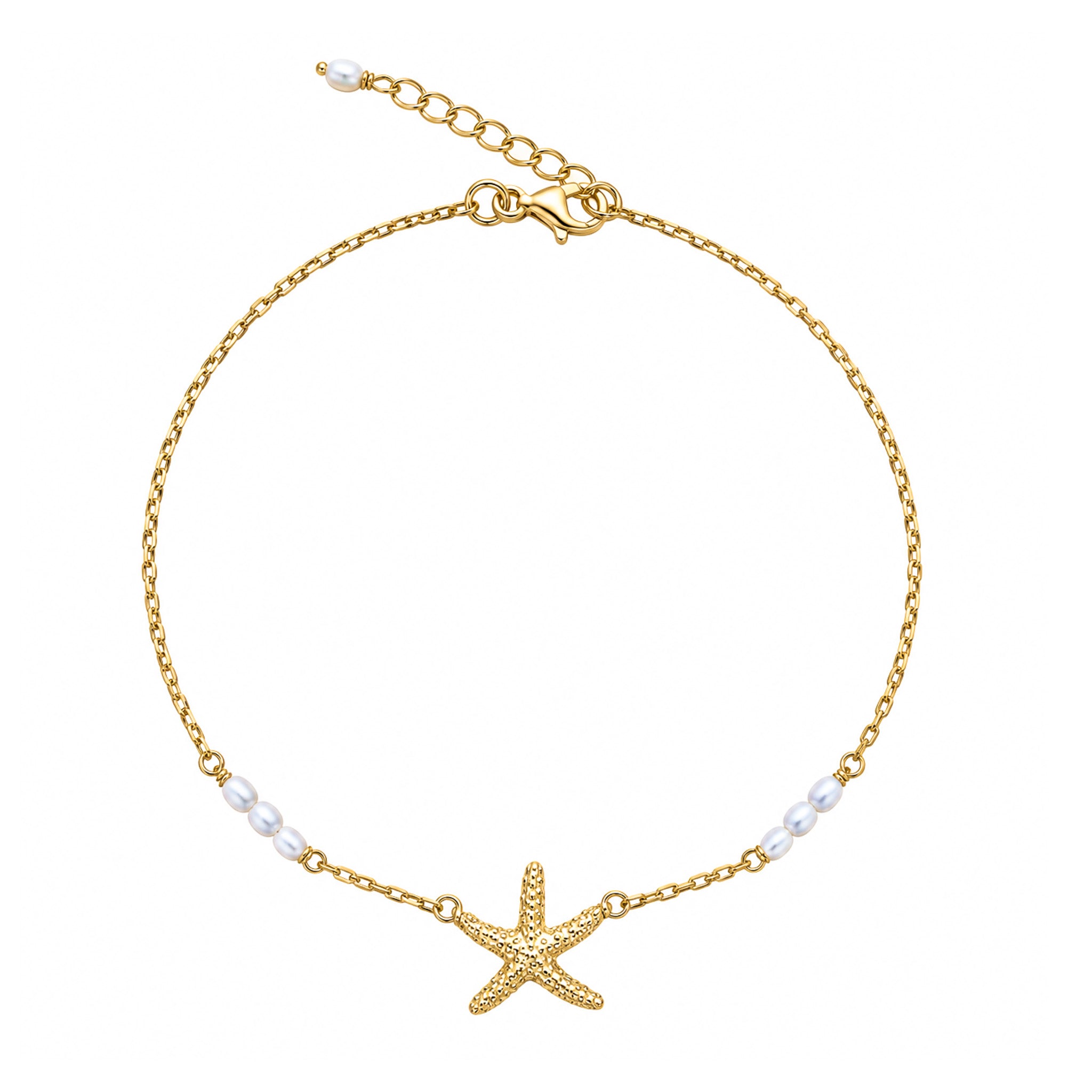 Starfish Rice Pearl Anklet Gold by Lush Designs Jewellery featuring a textured gold vermeil starfish charm, white freshwater rice pearls and adjustable gold chain.
