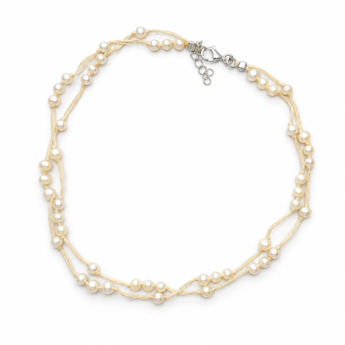 Summer Sun Pearl Anklet Sand with freshwater pearls on natural sand-coloured cord and sterling silver clasp – Lush Designs Jewellery Australia.