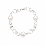 Australian South Sea pearl bracelet featuring three lustrous white pearls on a polished 925 sterling silver link chain