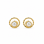 A pair of gold and pearl stud earrings with a textured circular gold frame and a central white pearl, shown on a plain white background.
