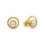 A pair of gold and pearl stud earrings on a clean white background. One earring is shown from the front, displaying a round white pearl nestled within a textured, twisted gold ring, while the other is shown from the side/back, displaying the post and clasp mechanism.