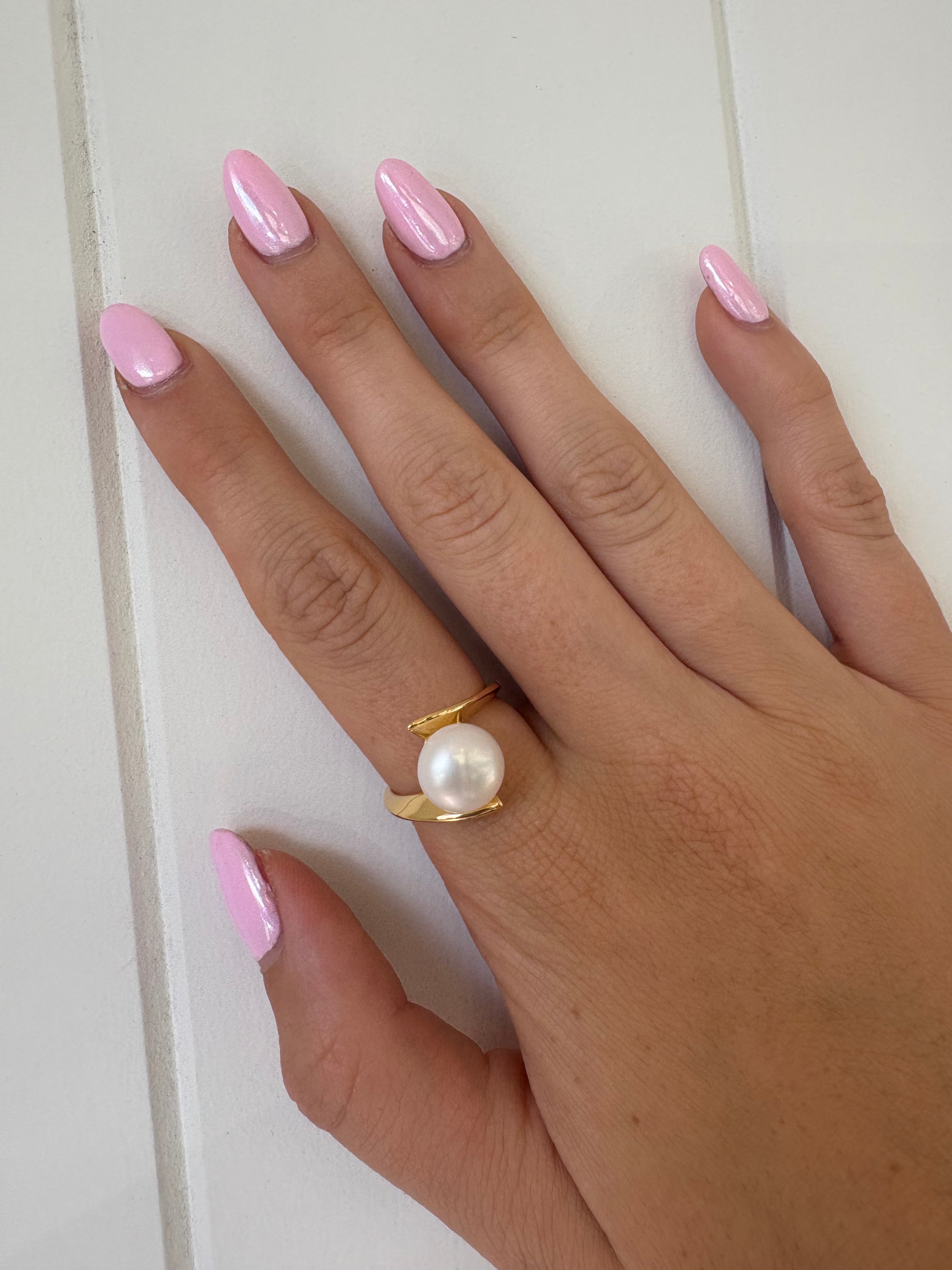 Whirlpool Pearl Ring Gold featuring a genuine freshwater pearl set in a swirling gold vermeil design over 925 sterling silver