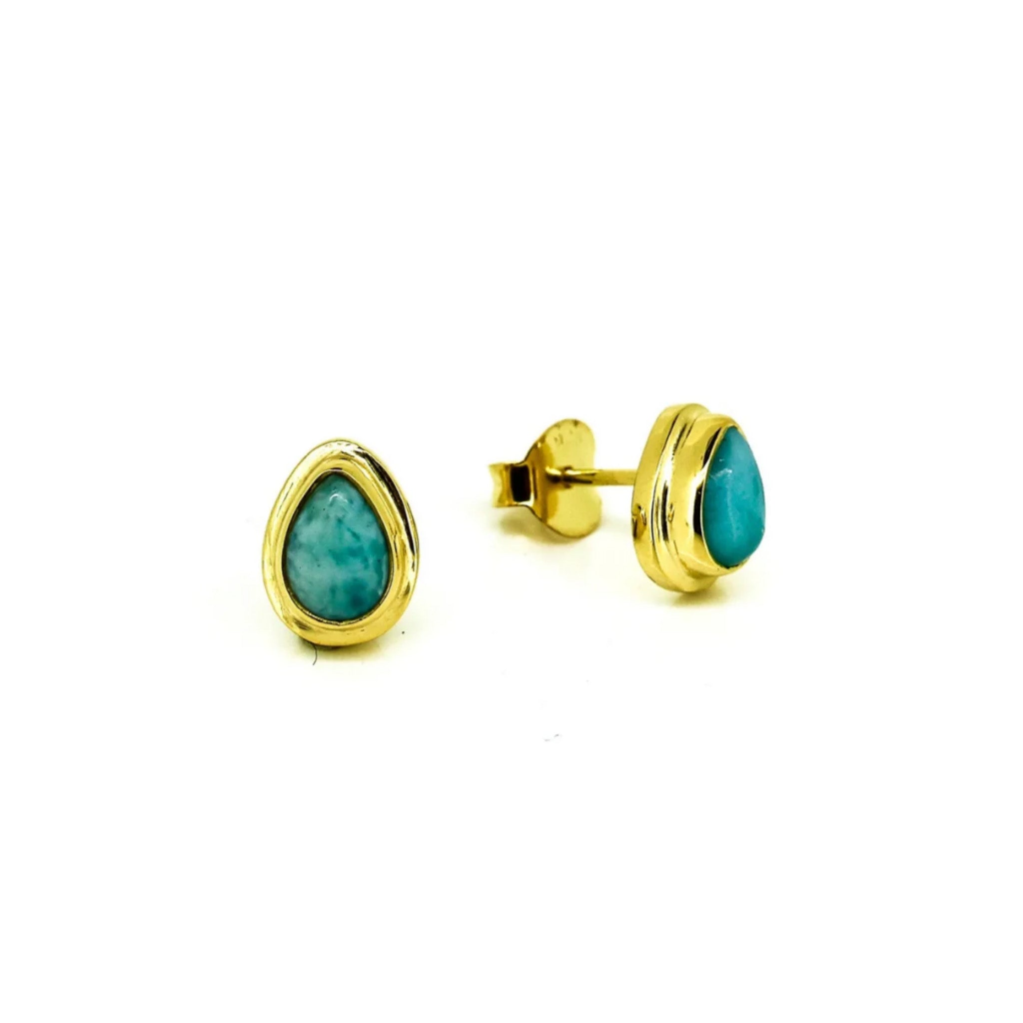 azure whisper larimar stud earrings gold vermeil dew drop blue gemstone coastal jewellery australia