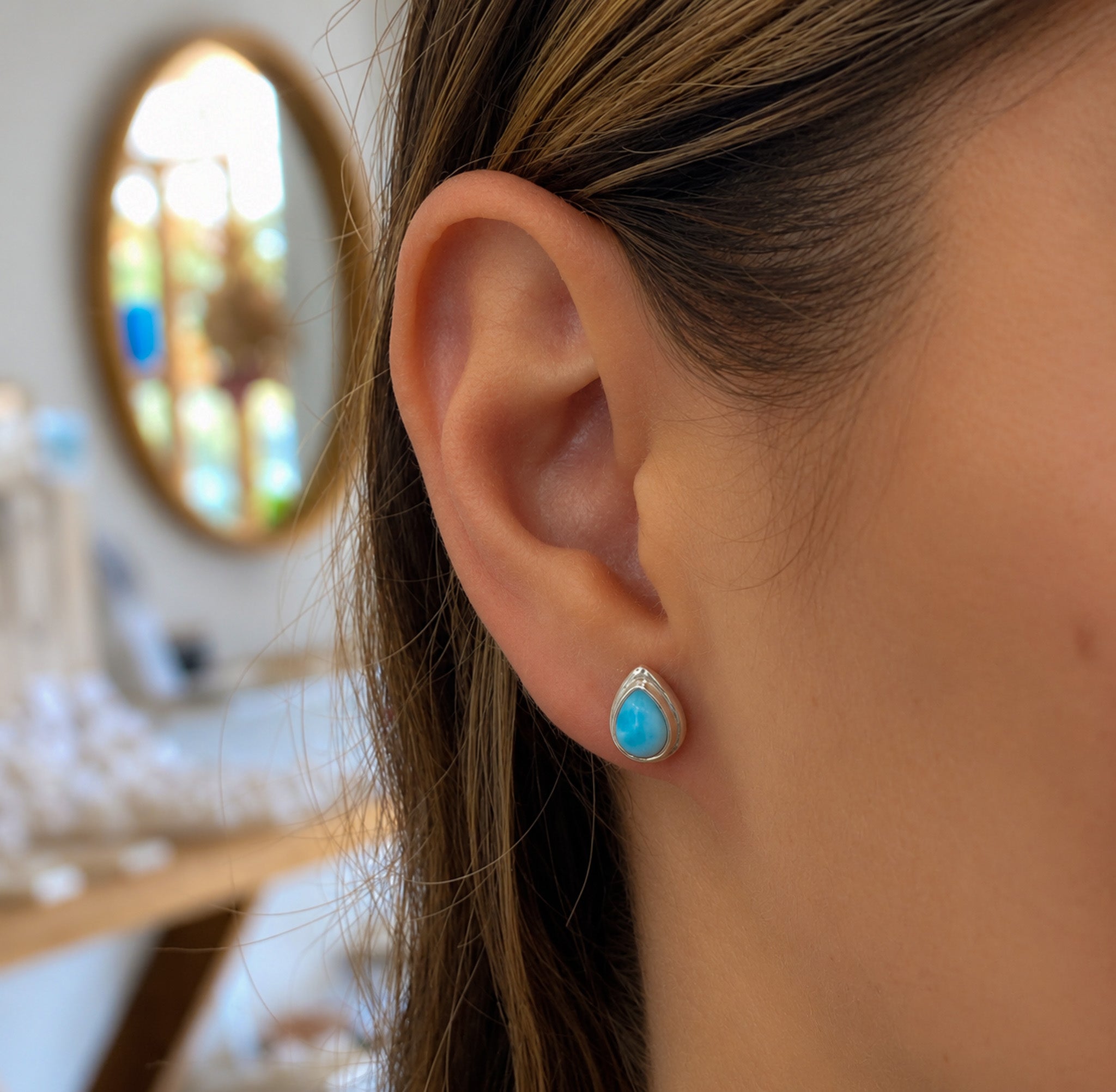 Ocean-inspired larimar stud earrings in sterling silver by Lush Designs