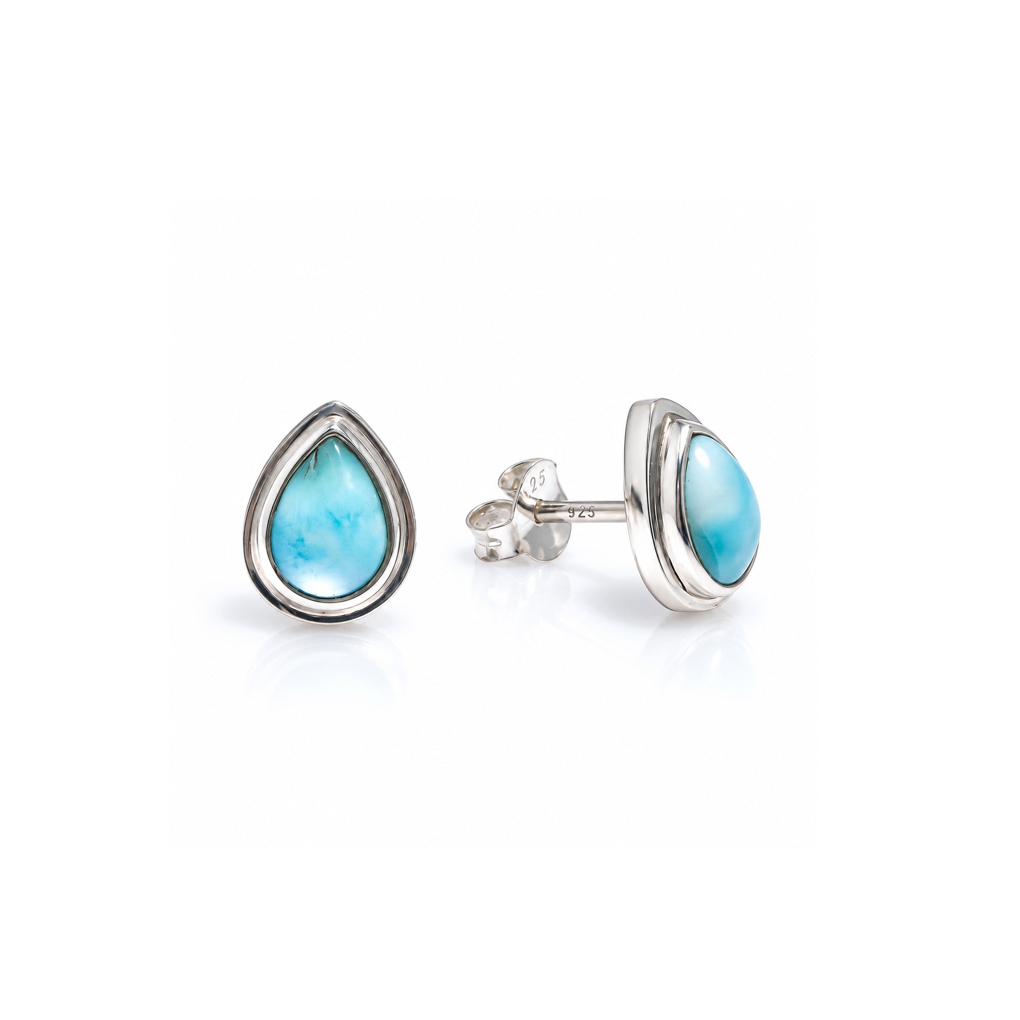 Azure Whispers Larimar Dew Drop Studs featuring genuine Larimar gemstones set in sterling silver, inspired by tropical ocean waters.