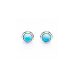 Azure Whispers Round Larimar Studs featuring genuine Larimar gemstones set in sterling silver with ocean-blue natural patterns.