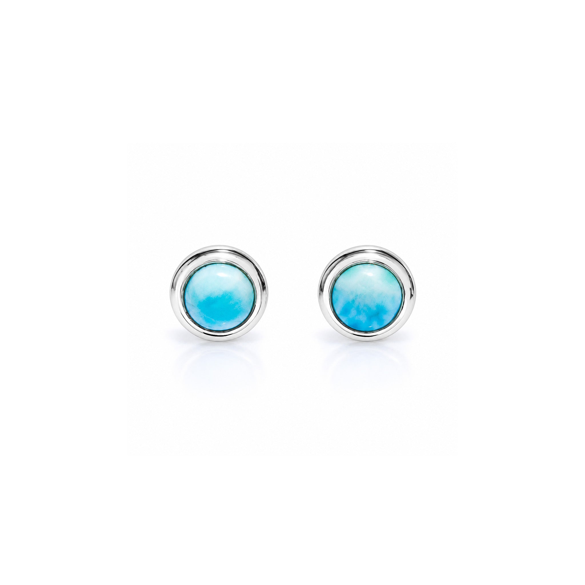 Azure Whispers Round Larimar Studs featuring genuine Larimar gemstones set in sterling silver with ocean-blue natural patterns.