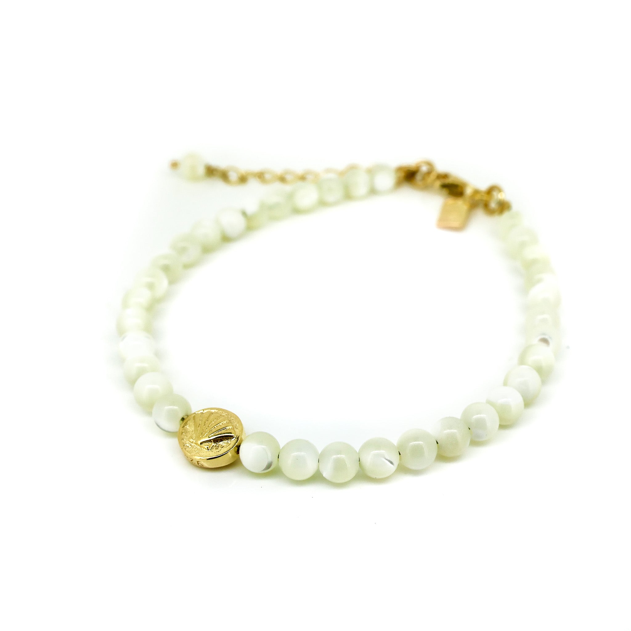 mother of pearl bracelet with gold shell charm