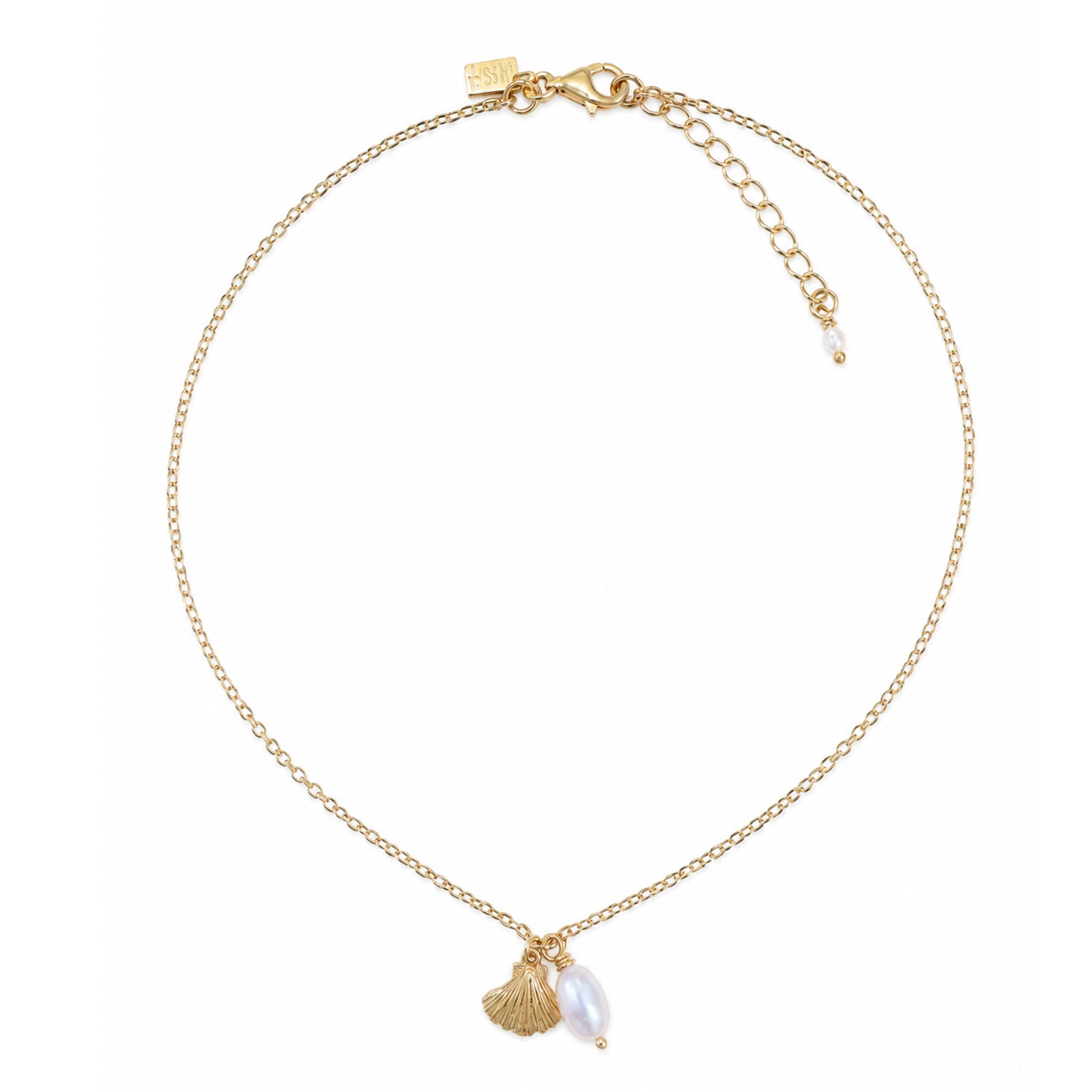 A delicate gold chain necklace featuring a small gold shell charm and a white pearl bead pendant, displayed on a clean white background.