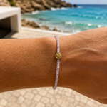 Beach Lavender Love Bracelet crafted with natural faceted kunzite gemstones and gold vermeil shell detail, inspired by the Australian coastline.