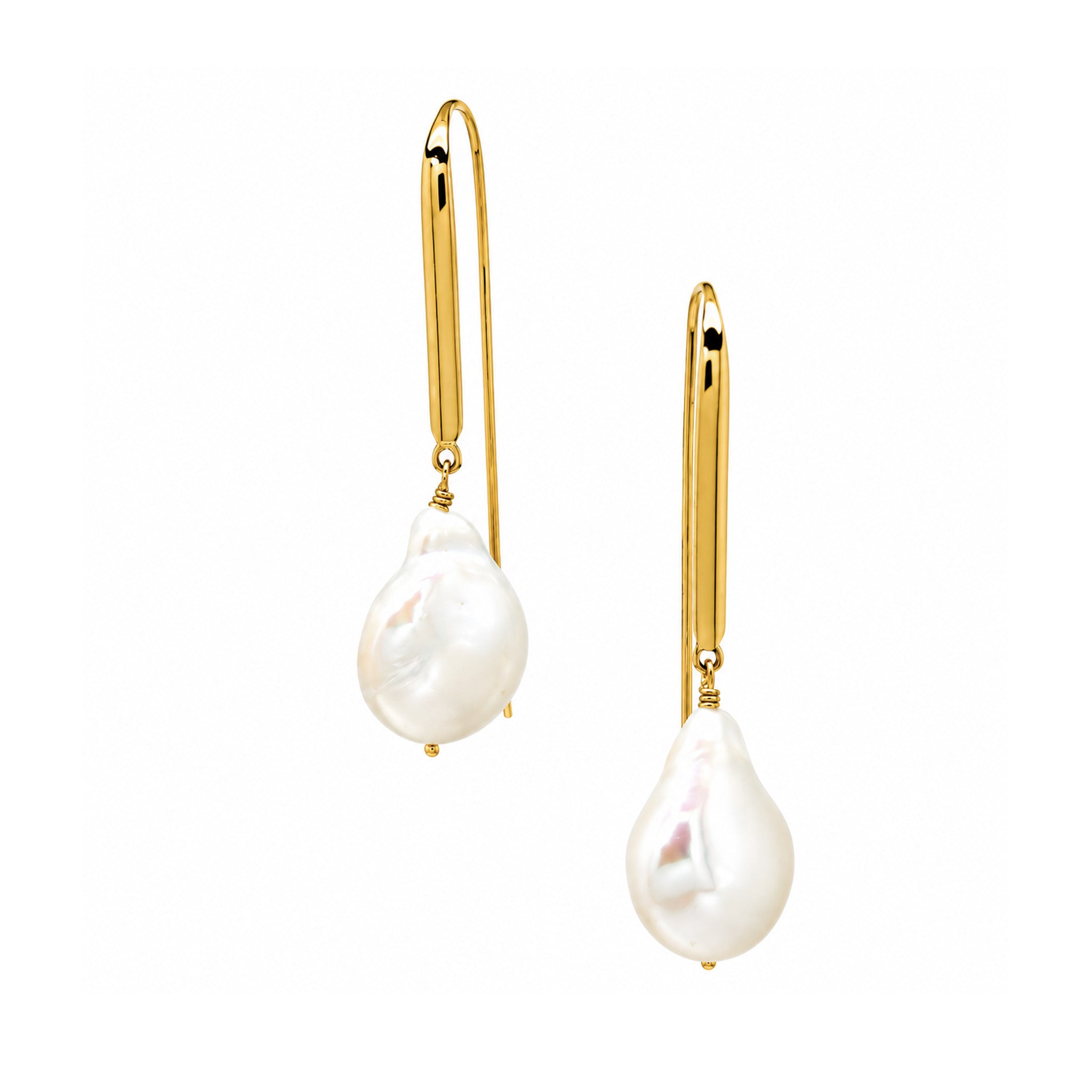 large bold baroque pearl hook earrings in gold
