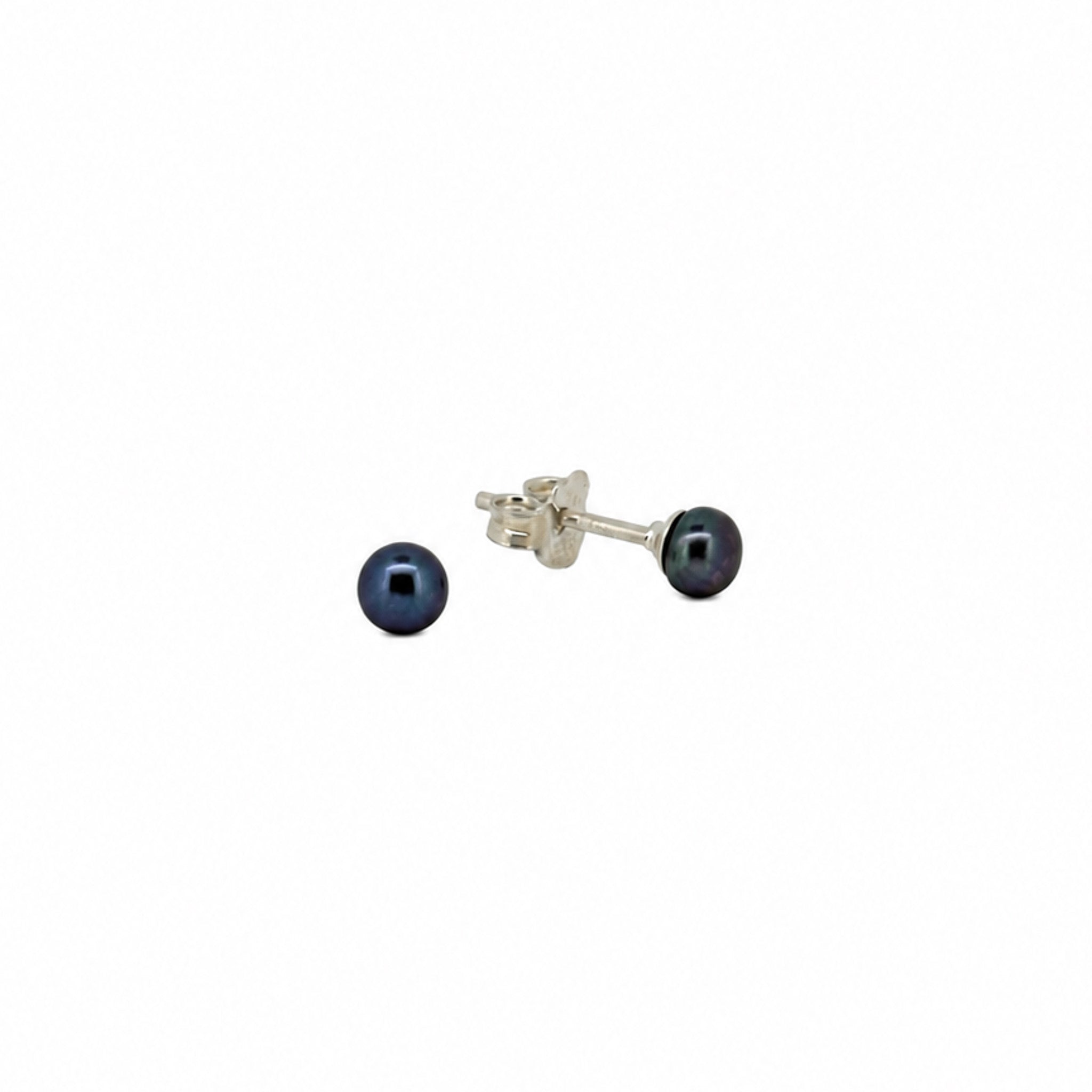 dainty 4mm black pearl studs set in sterling silver