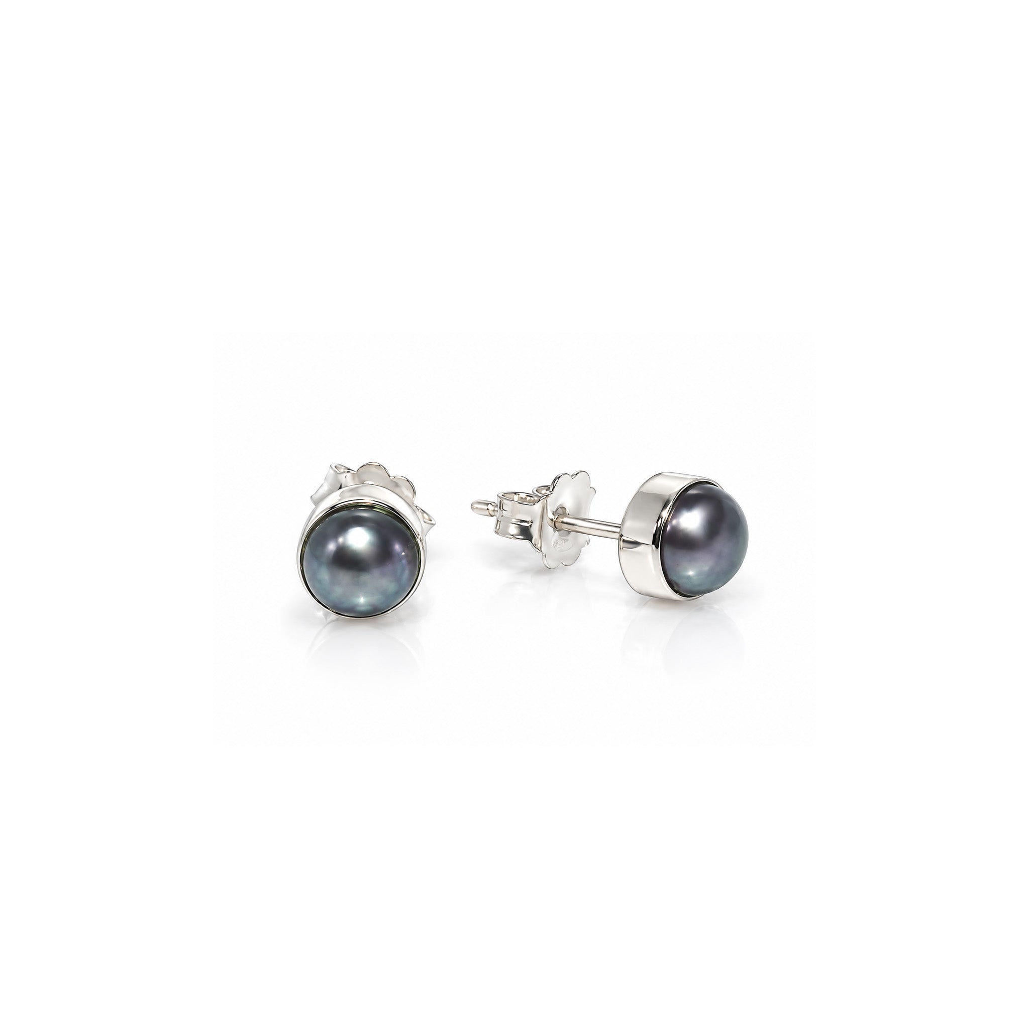 Black Pearl Bezel Set 6mm Studs in sterling silver featuring genuine black freshwater pearls with a modern bezel setting.
