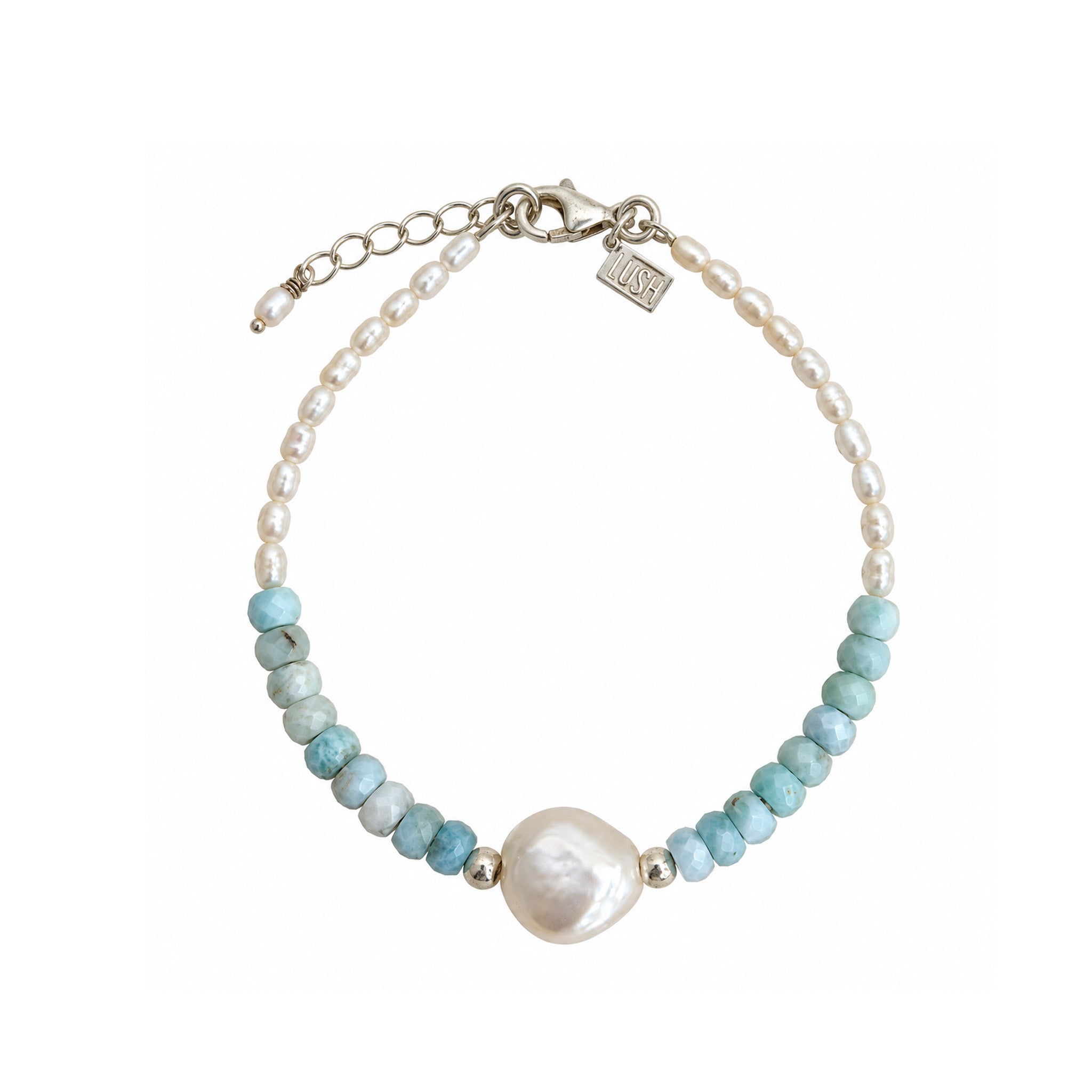 Keshi pearl and larimar bracelet inspired by tropical blue lagoons designed in Broome Western Australia