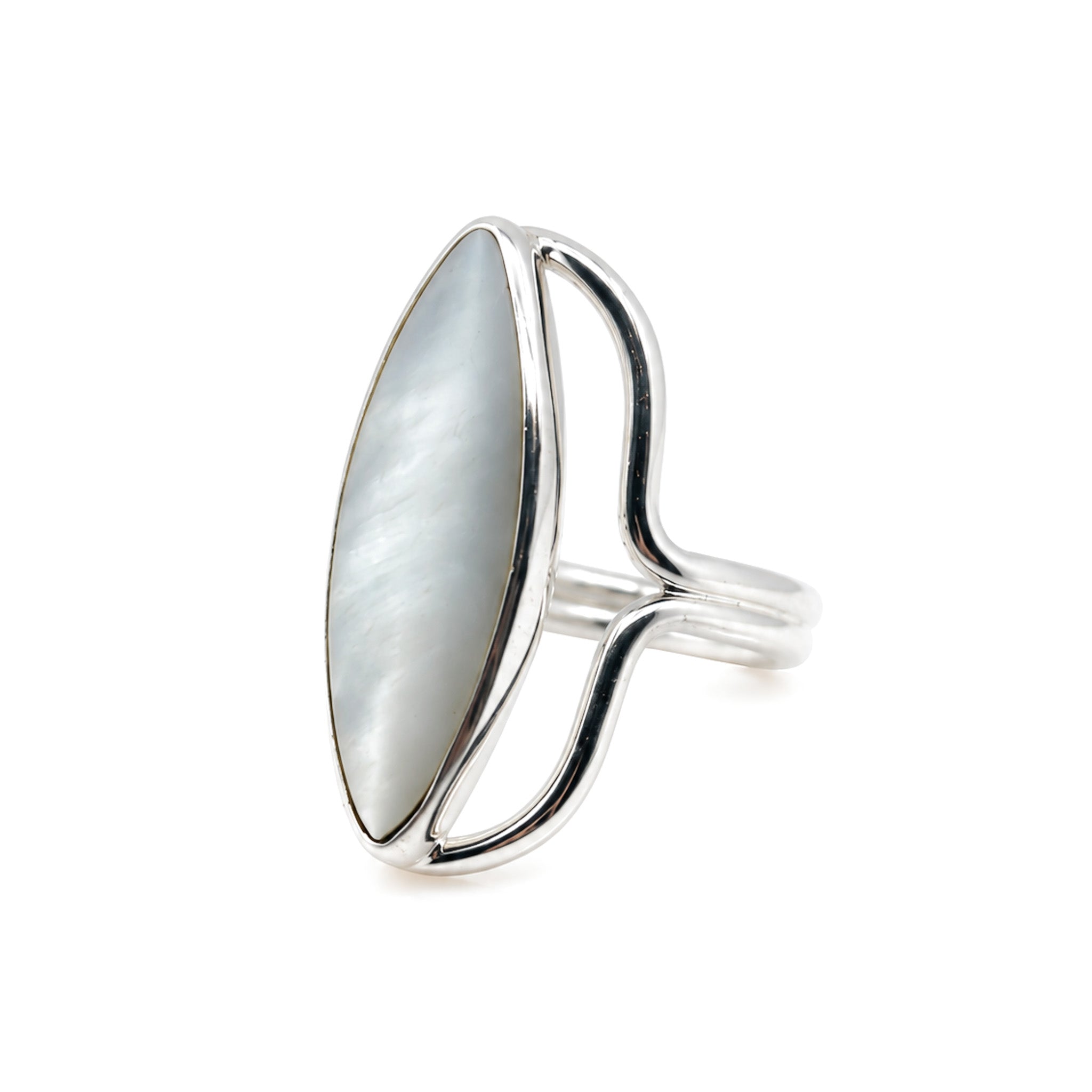 bold mother of pearl ring in silver in a boho beach design
