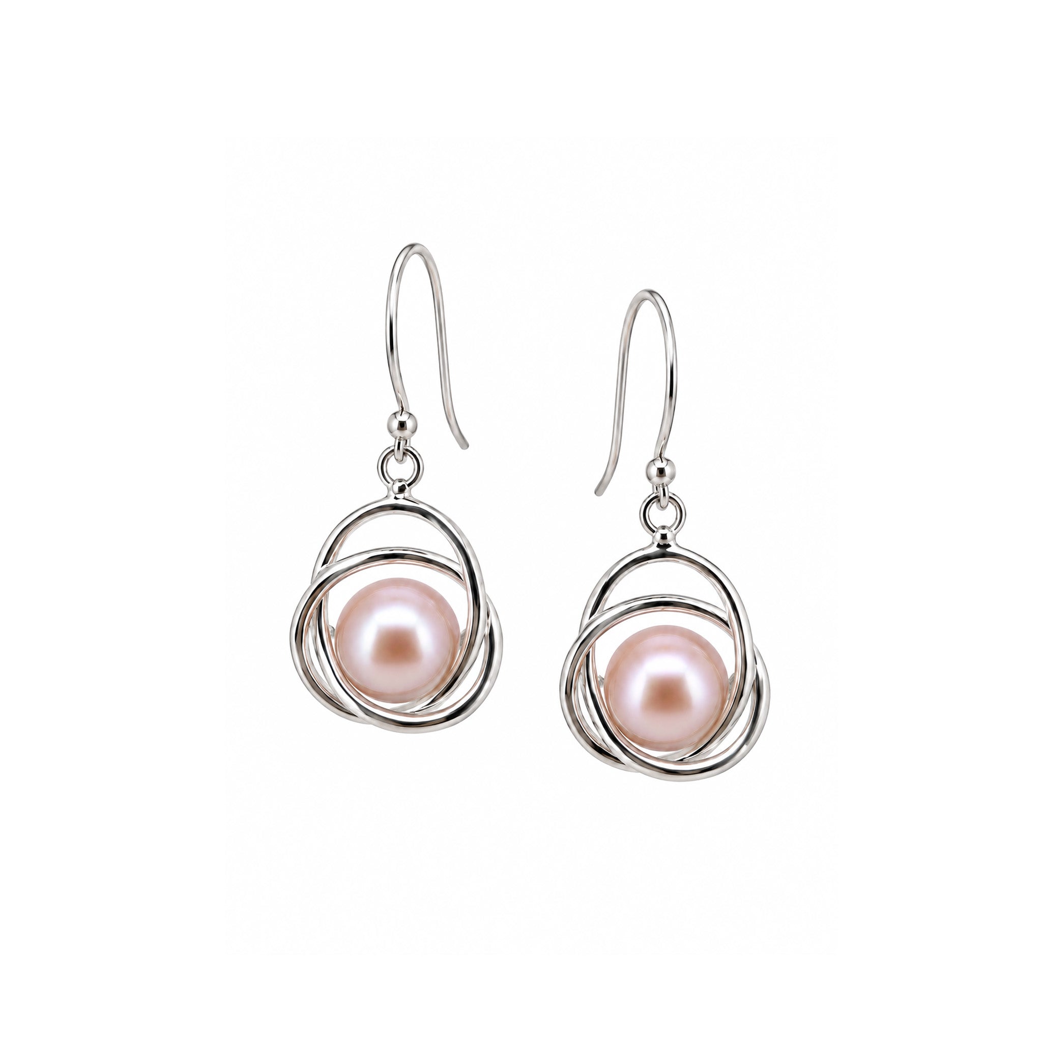 9–10mm pink freshwater pearl earrings with polished sterling silver swirl setting