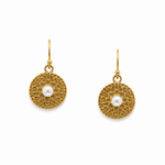 ladies pearl hook earrings in gold with intricate pattern on them designed in broome western australia
