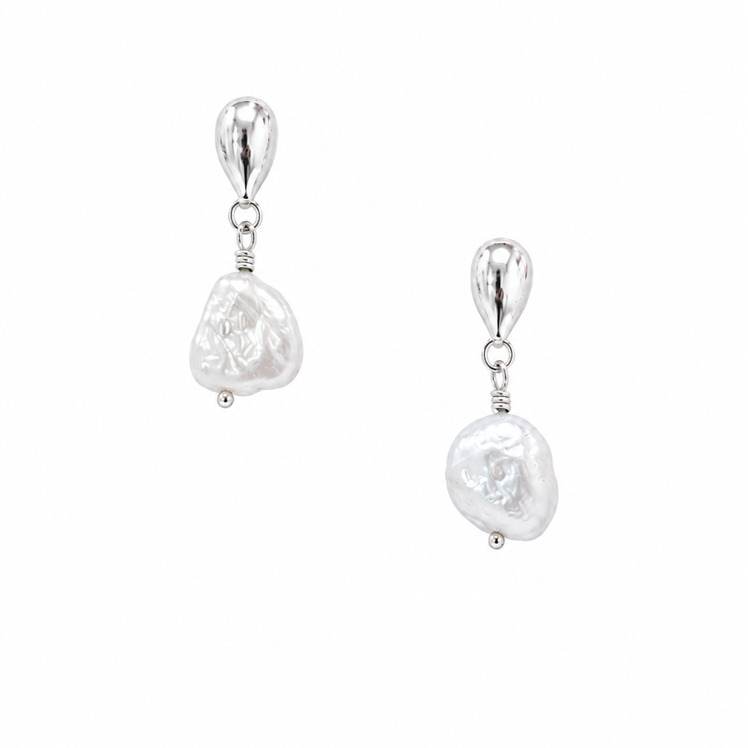 Coastal Dew Drop Baroque Pearl Stud Earrings Silver with freshwater baroque pearls