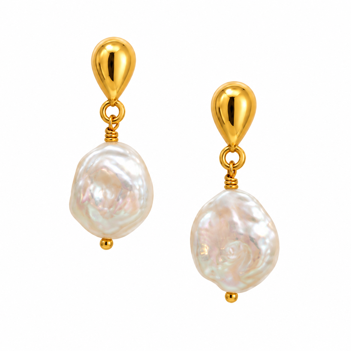 Coastal Dew Drop Baroque Pearl Stud Earrings 10mm Gold by Lush Designs Jewellery, featuring lustrous natural white baroque freshwater pearls suspended from polished gold teardrop studs. Designed in Broome, Western Australia.