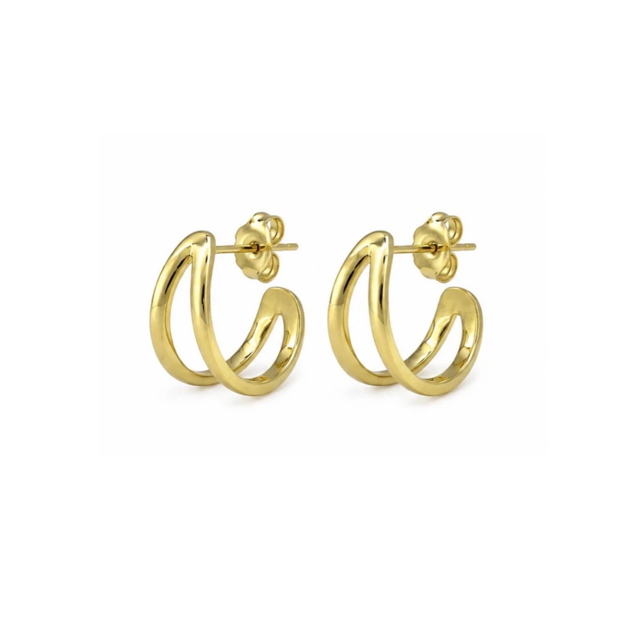 A pair of gold hoop earrings with a double-loop open design and flat-back post backs, shown on a clean white background.