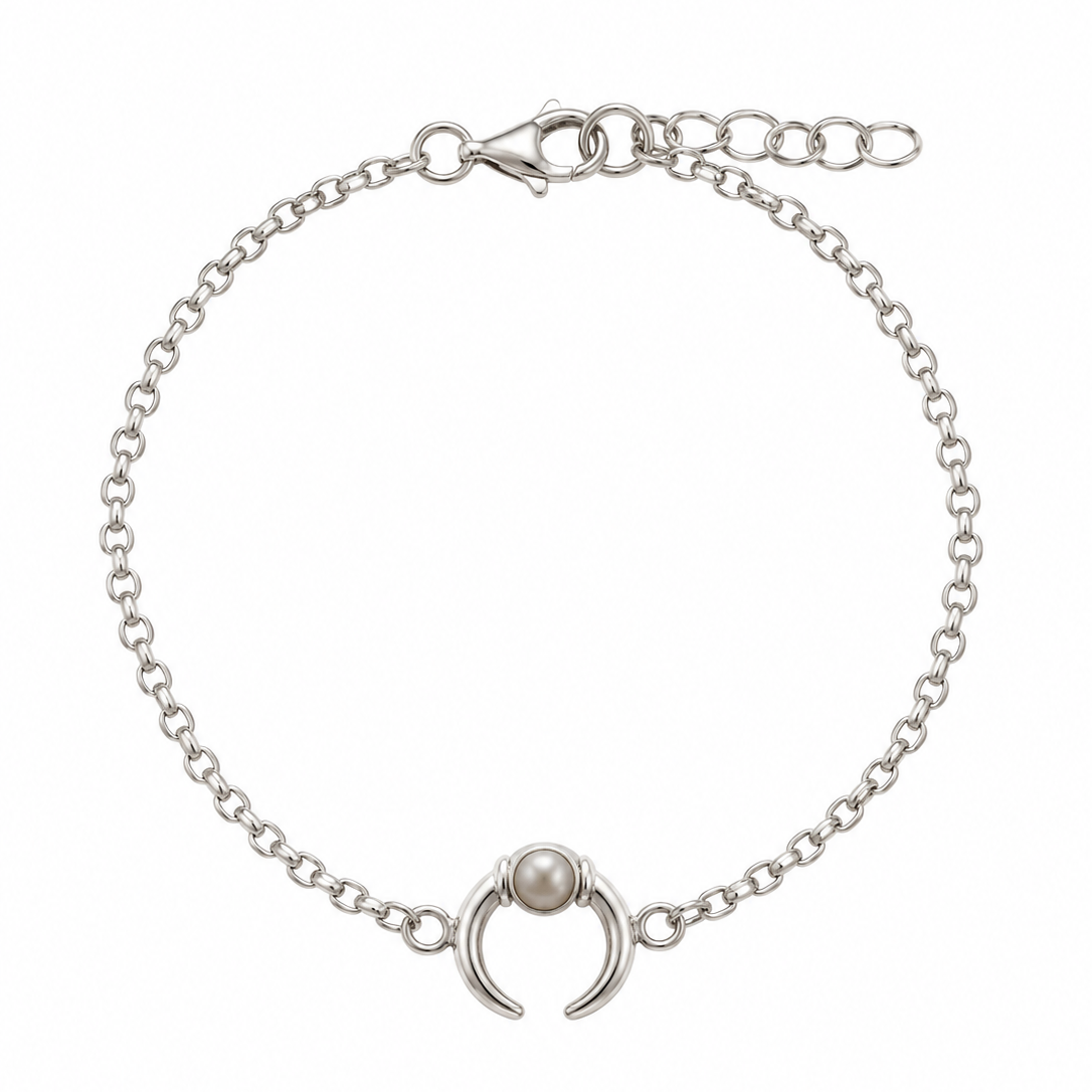 Crescent Moon Pearl Bracelet Silver featuring a delicate sterling silver chain, open crescent moon charm with a luminous white freshwater pearl and adjustable clasp. Ocean-inspired jewellery by Lush Designs Jewellery, Broome, Western Australia.