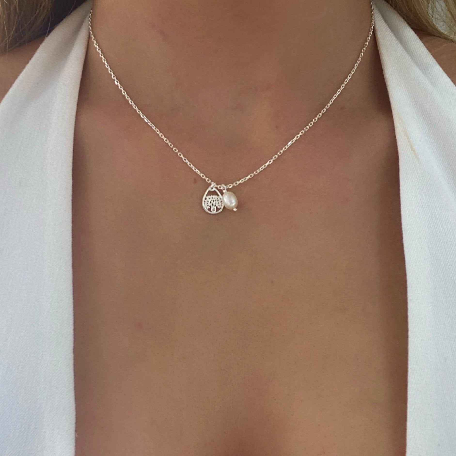 Dainty Boab Pearl Necklace in 925 sterling silver featuring a Boab tree charm and genuine freshwater pearl