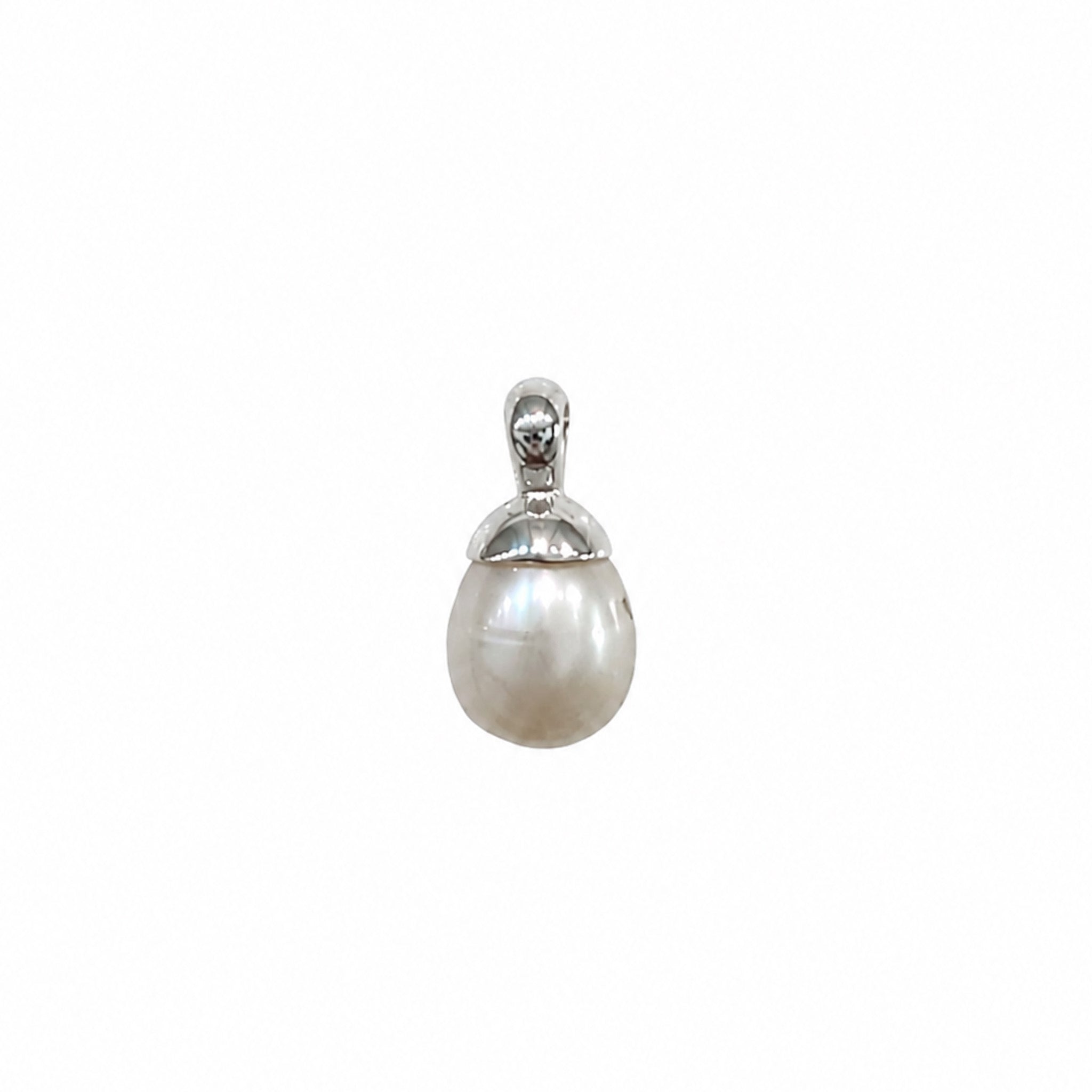 dainty white pearl pendant set in sterling silver
