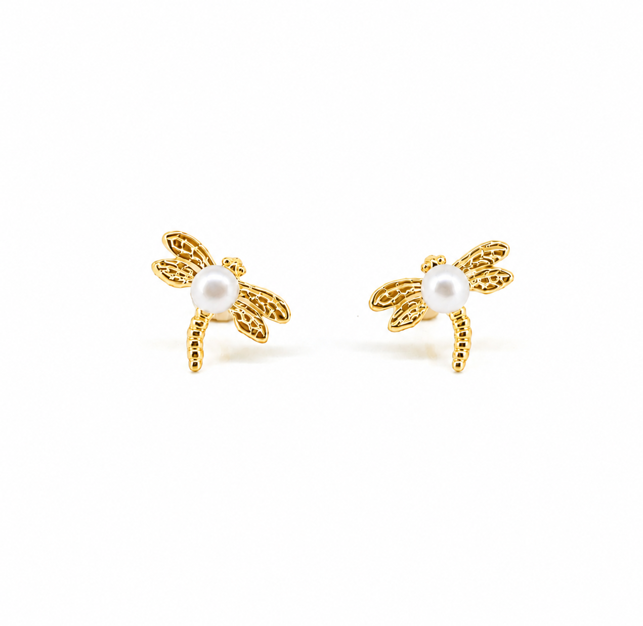 dainty gold dragonfly studs with pearl