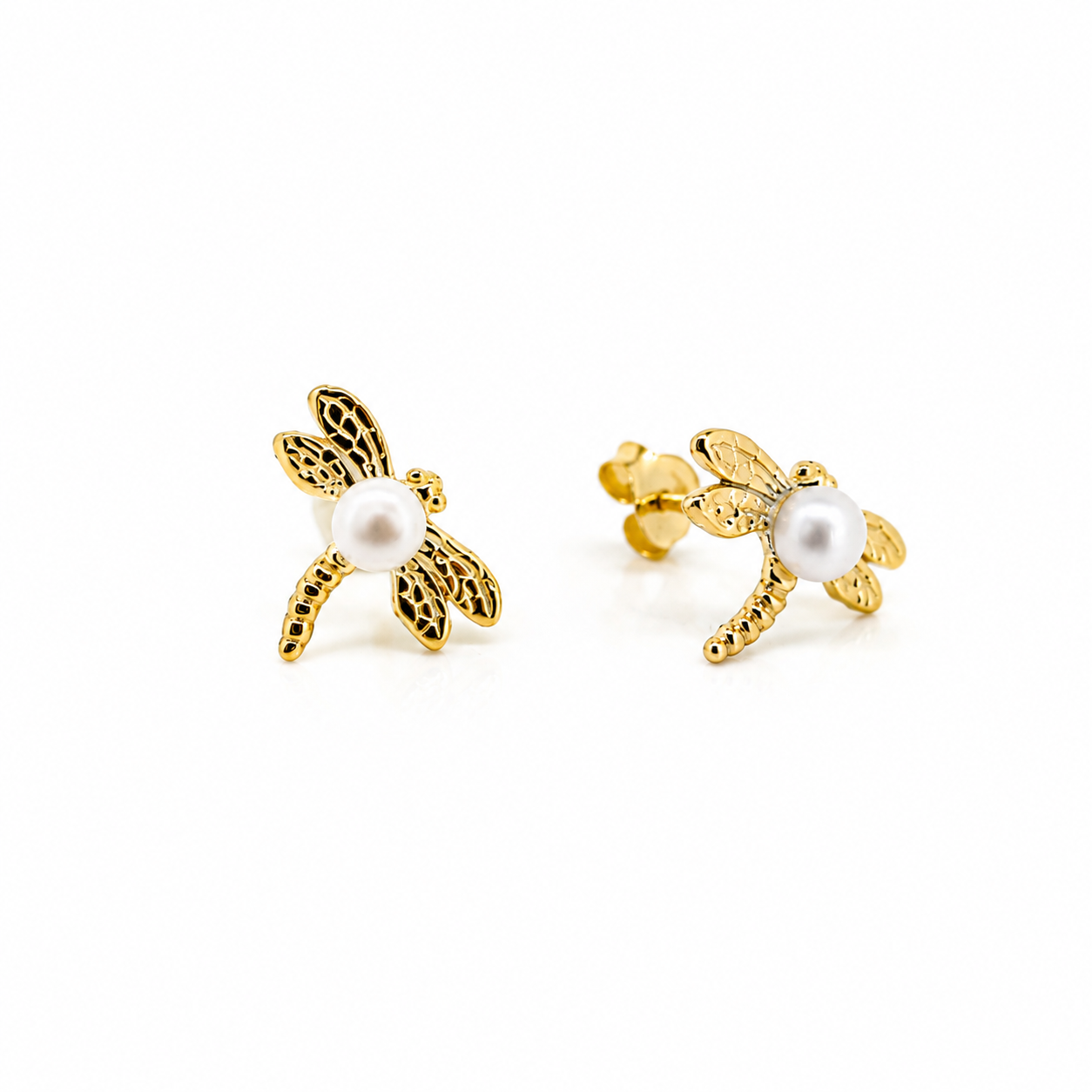 dainty gold dragonfly studs with pearl