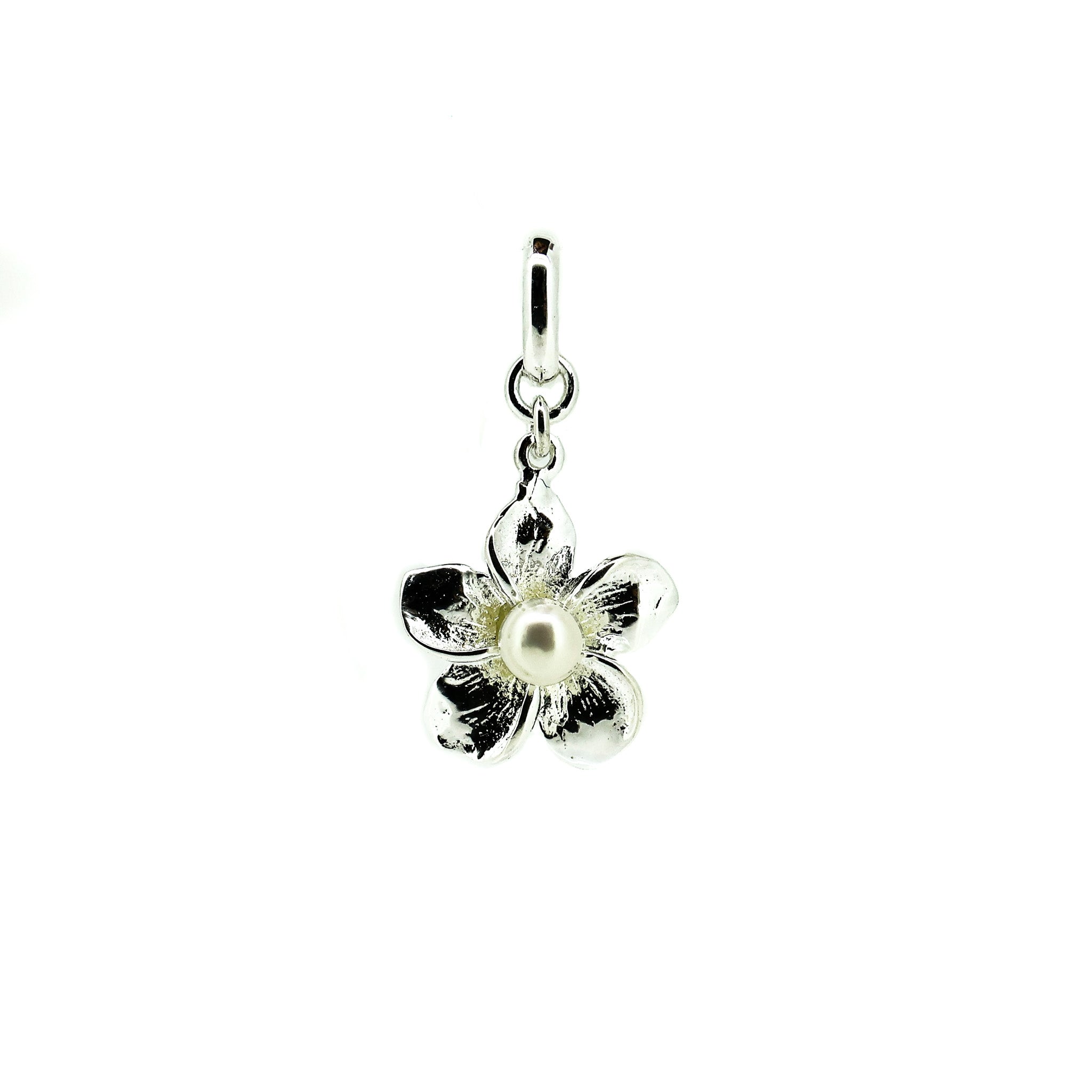 frangipani flower pendant in silver with pearl