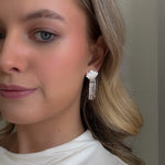 Statement shell pearl earrings with cascading freshwater pearls worn model coastal boho jewellery Australia