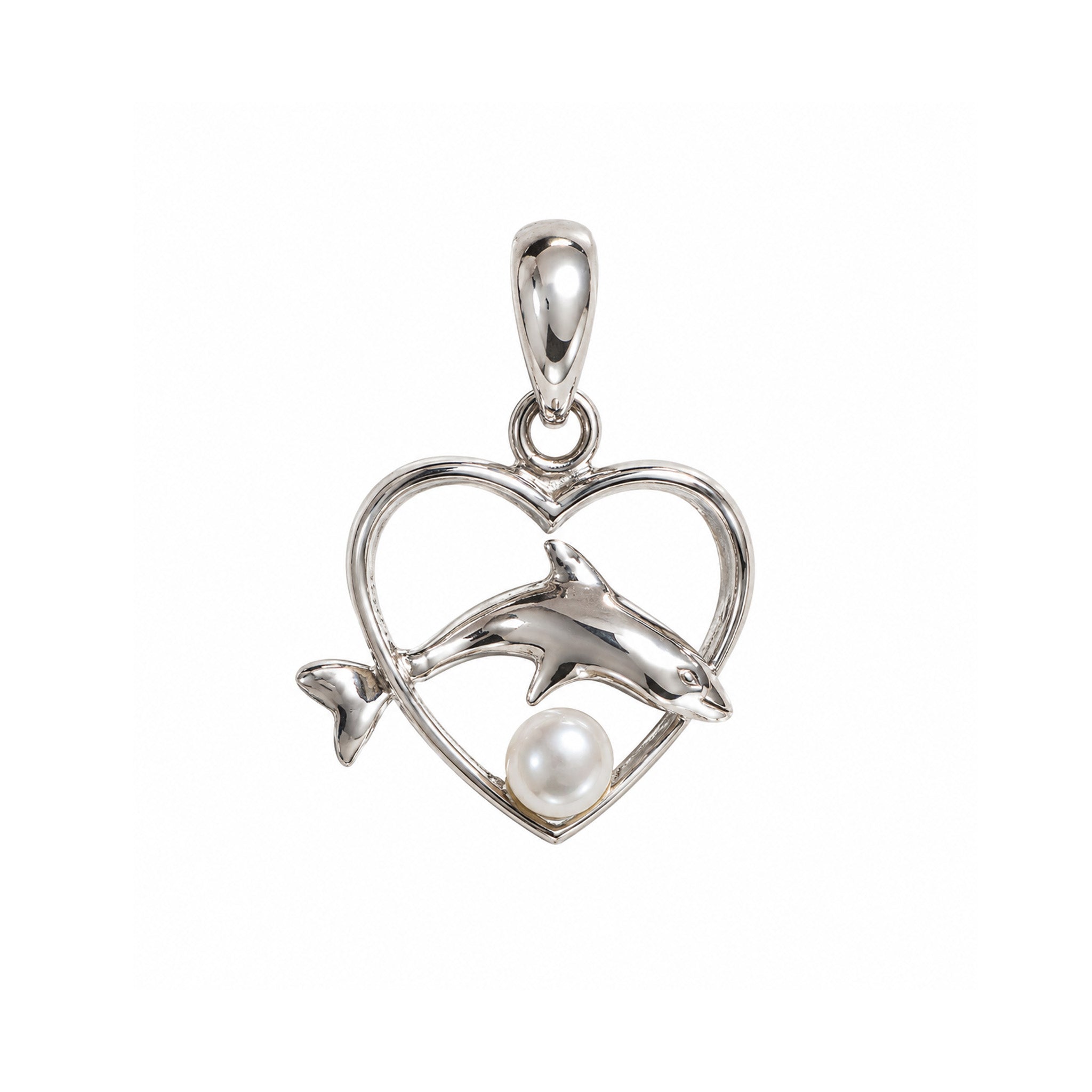 Dolphin Heart Pearl Pendant in sterling silver with 4mm freshwater pearl