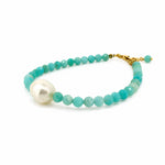 Beach boho Amazonite gemstone bracelet with central Keshi pearl and gold vermeil clasp designed in Broome Western Australia
