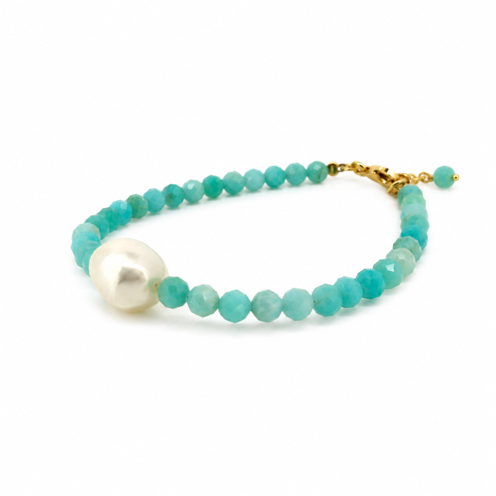 Beach boho Amazonite gemstone bracelet with central Keshi pearl and gold vermeil clasp designed in Broome Western Australia
