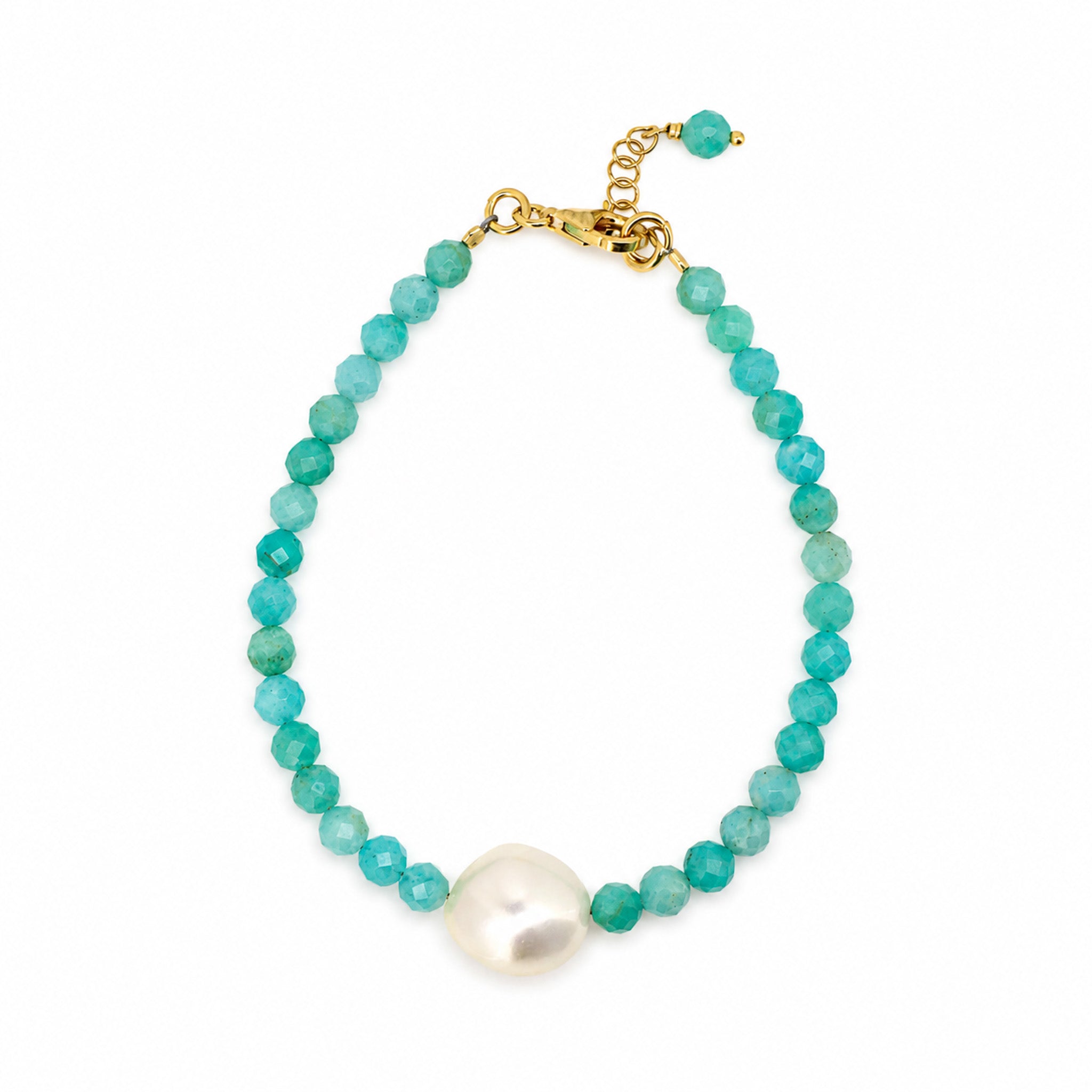 Keshi Pearl Amazonite Bracelet featuring a genuine 12mm freshwater Keshi pearl and 4mm faceted Amazonite gemstones with gold vermeil clasp
