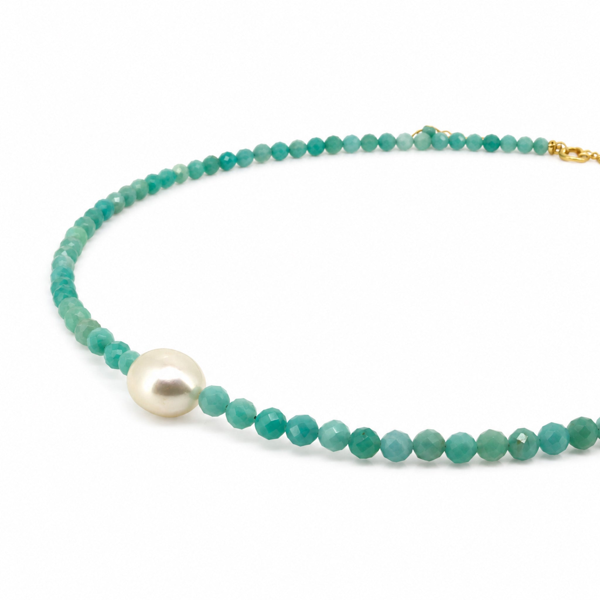 Keshi pearl Amazonite necklace featuring a genuine 12mm freshwater Keshi pearl with 4mm faceted Amazonite gemstones and gold vermeil clasp