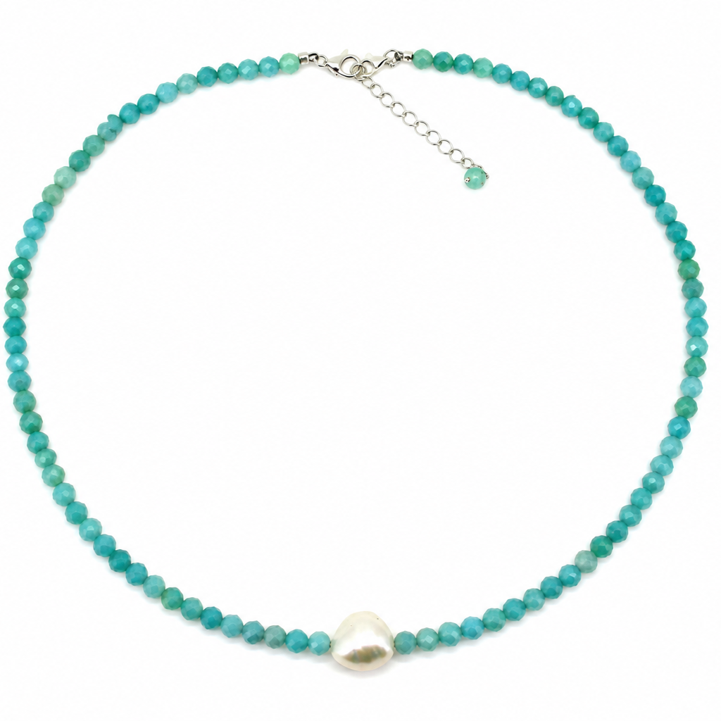 Beach boho Keshi pearl necklace with faceted Amazonite gemstones and sterling silver clasp designed in Broome Western Australia
