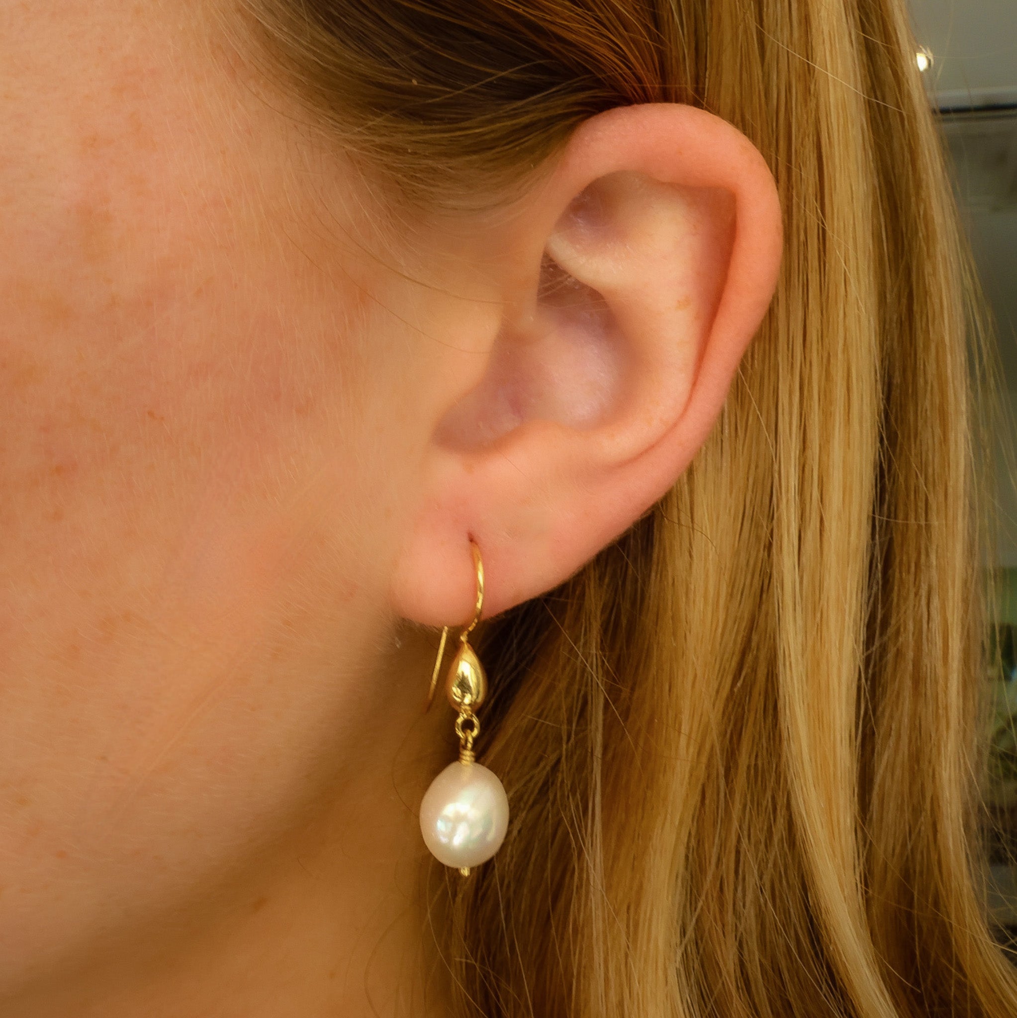 Organic keshi pearl drop earrings gold hook coastal jewellery Australia