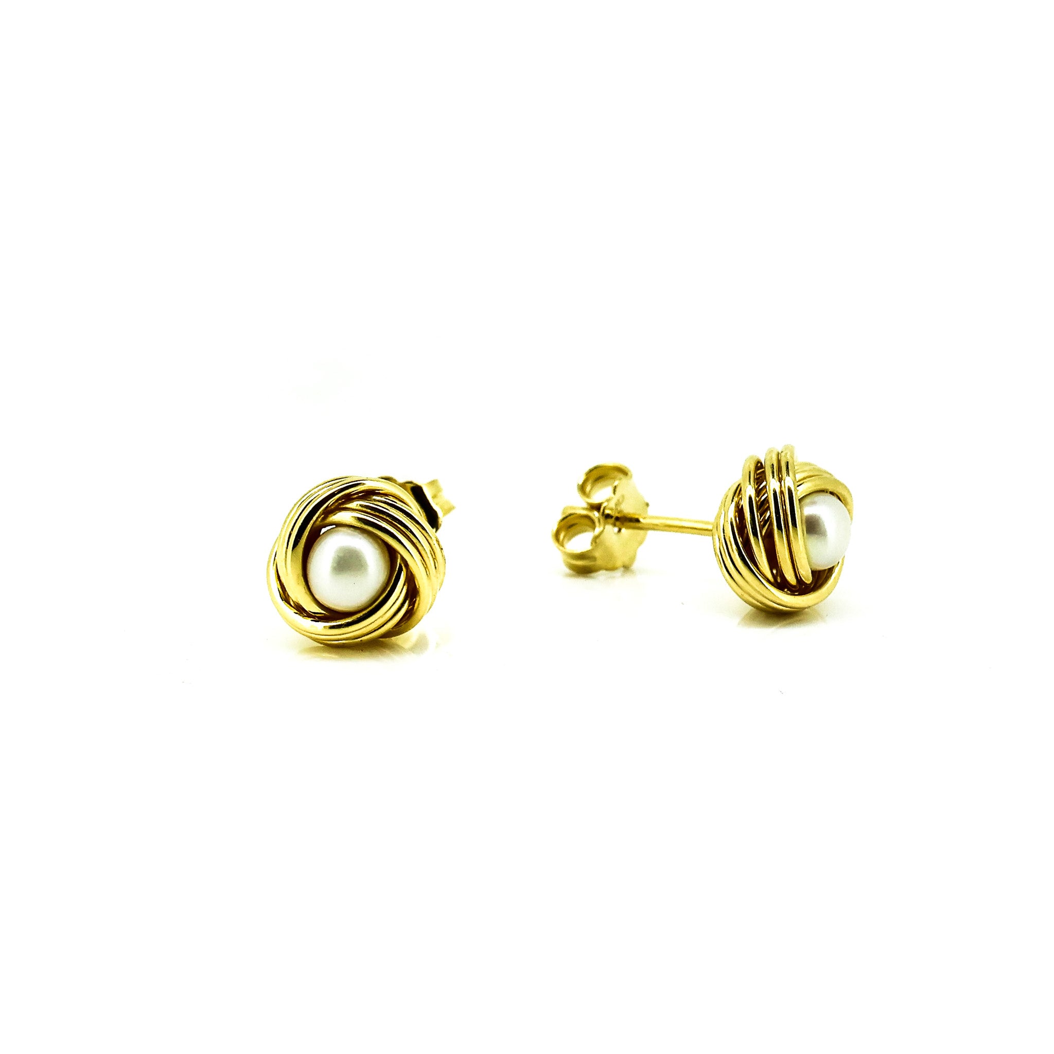 Knot Pearl Studs Gold featuring genuine freshwater pearls set in premium gold vermeil over 925 sterling silver with knot-inspired detailing.