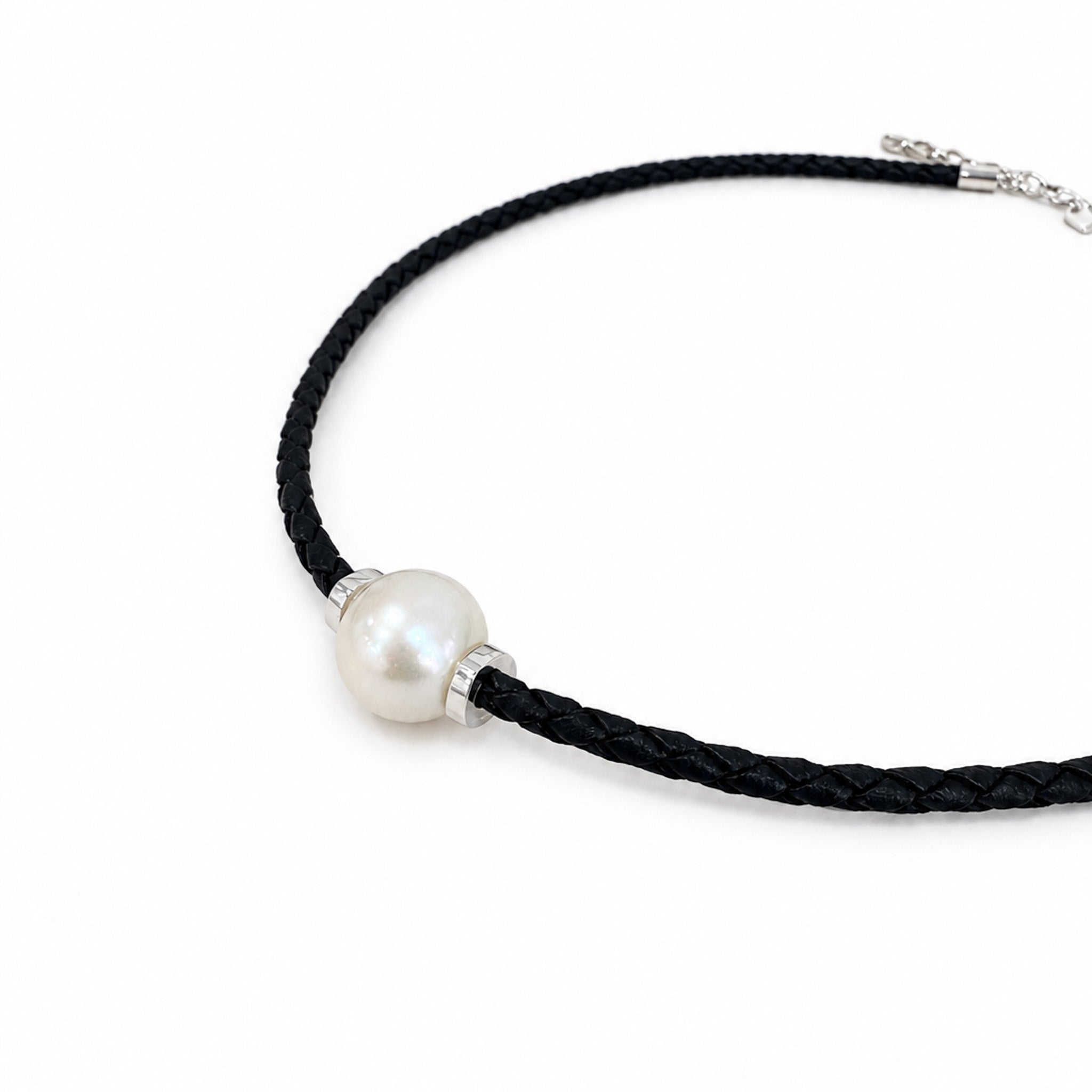 Lara Pearl Silver Detail Black Braid Necklace with 12mm freshwater pearl and sterling silver details by Lush Designs Jewellery