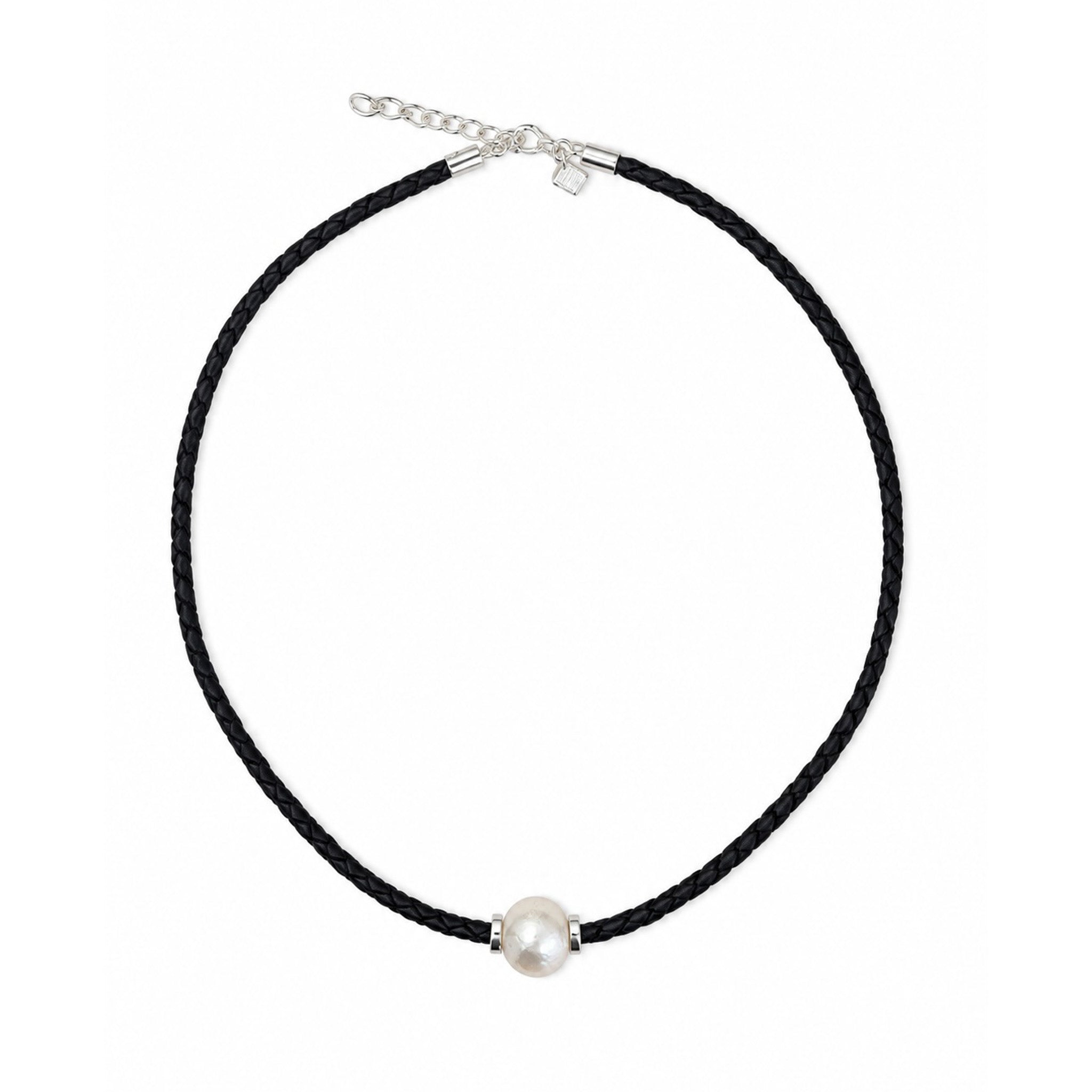 large freshwater round pearl on black braided necklace
