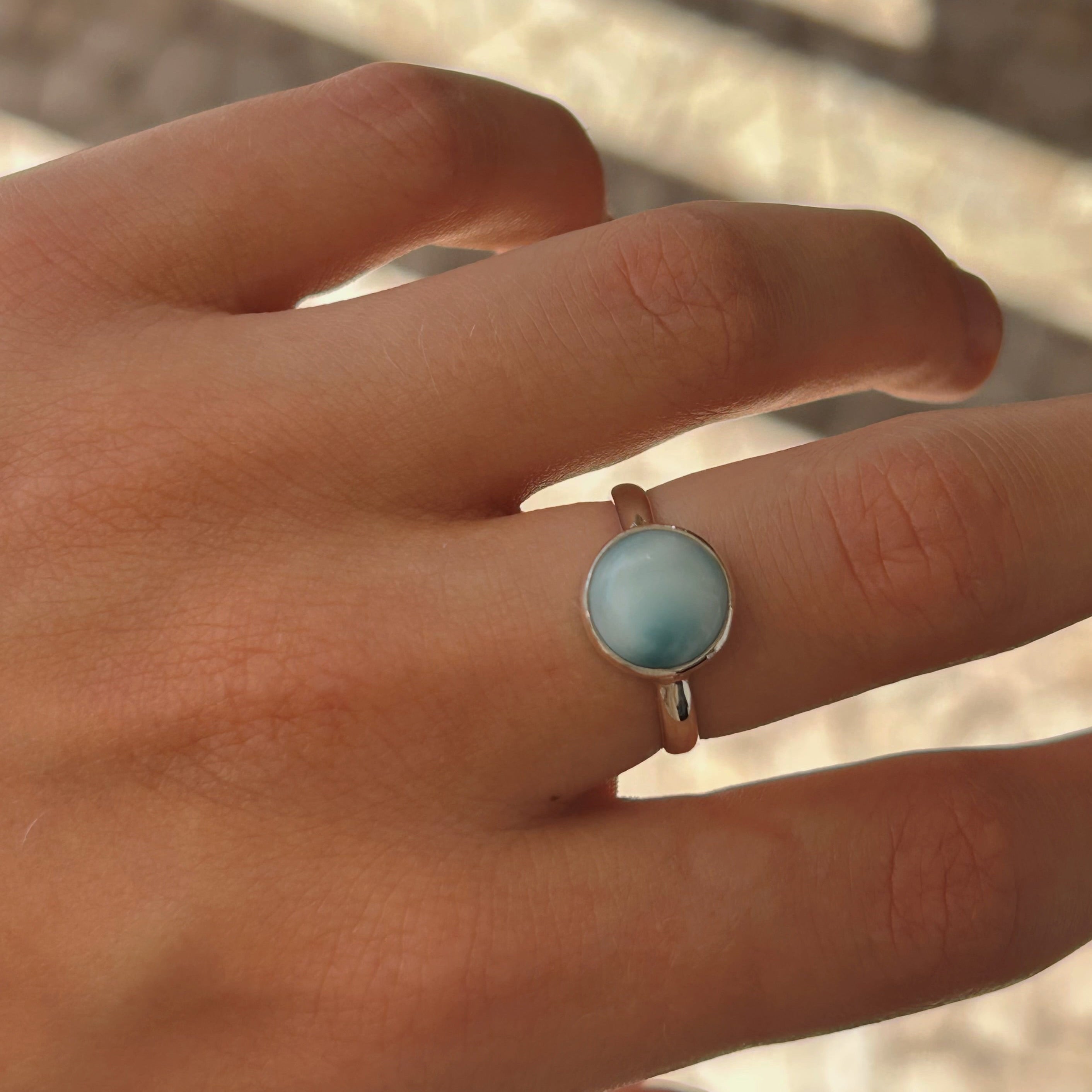 larimar 10mm round silver ring