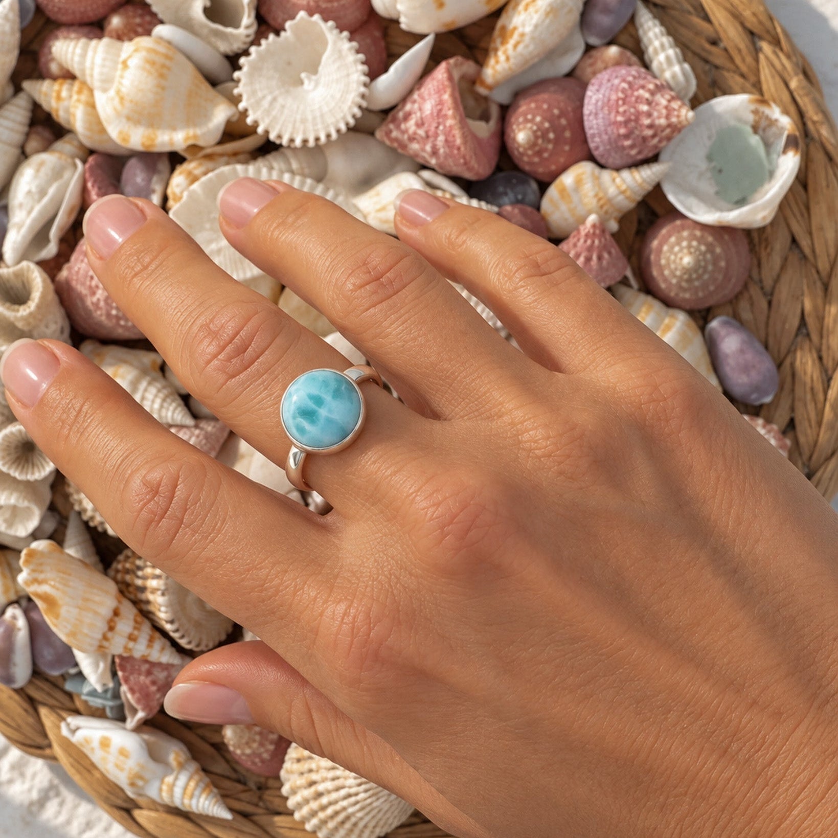 large 14mm round larimar ring in silver part of the boho beach range from Lush Designs jewellery in Broome
