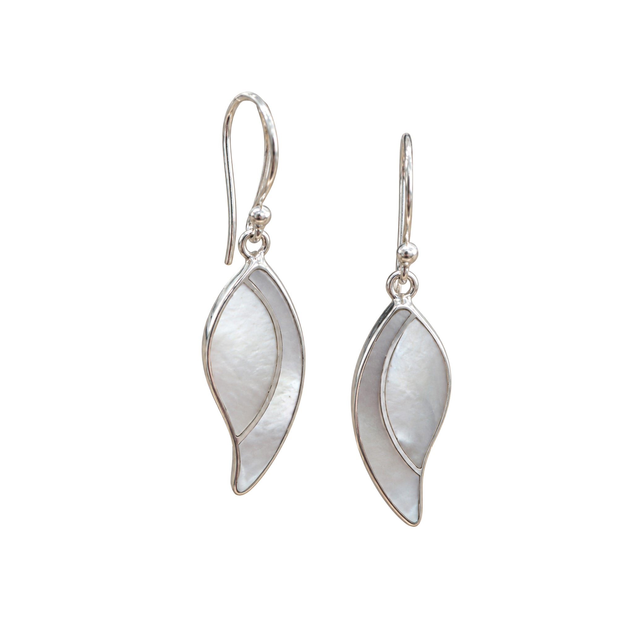 sterling silver leaf shaped earrings with mother of pearl shell