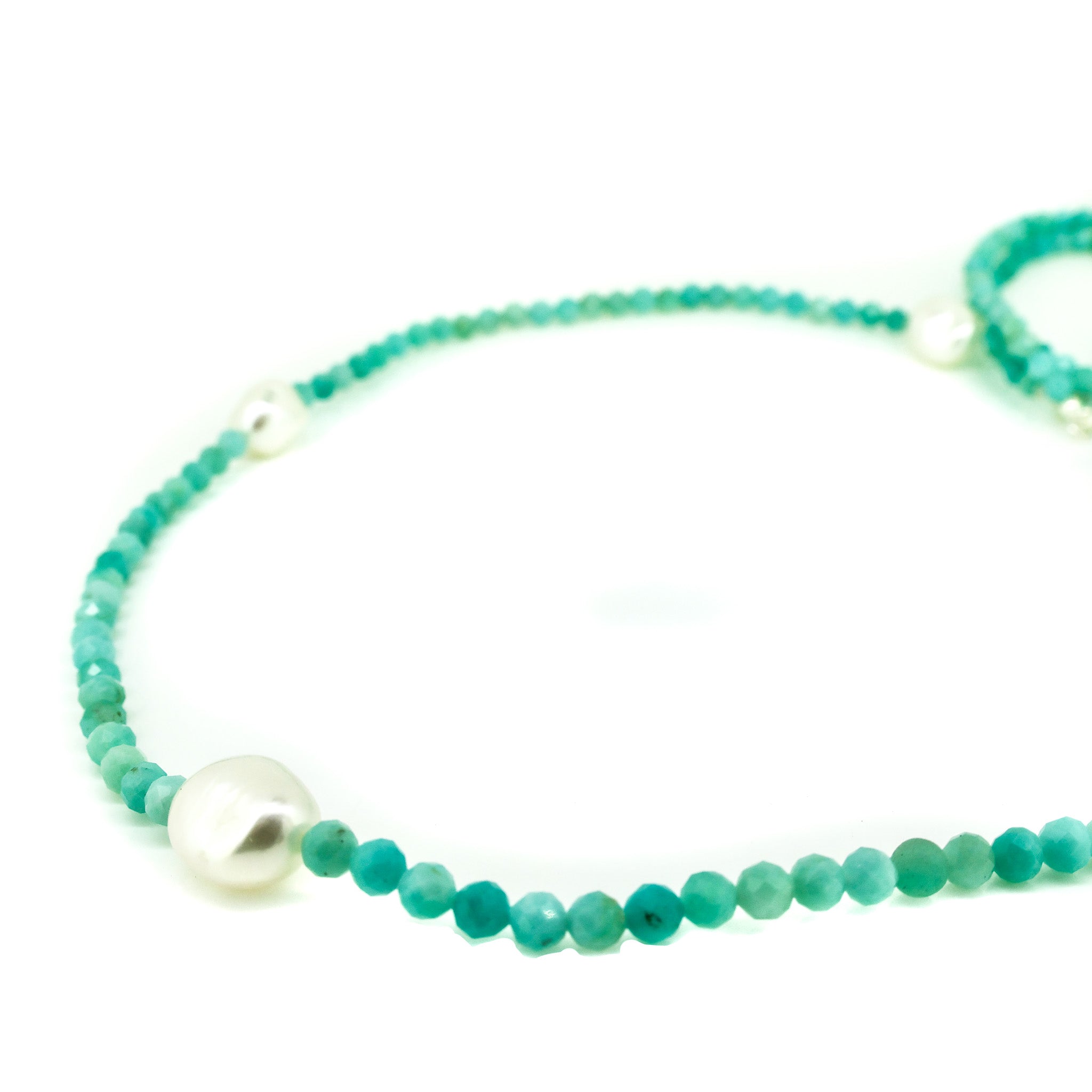 Long Amazonite gemstone necklace interspersed with freshwater pearls designed in australia