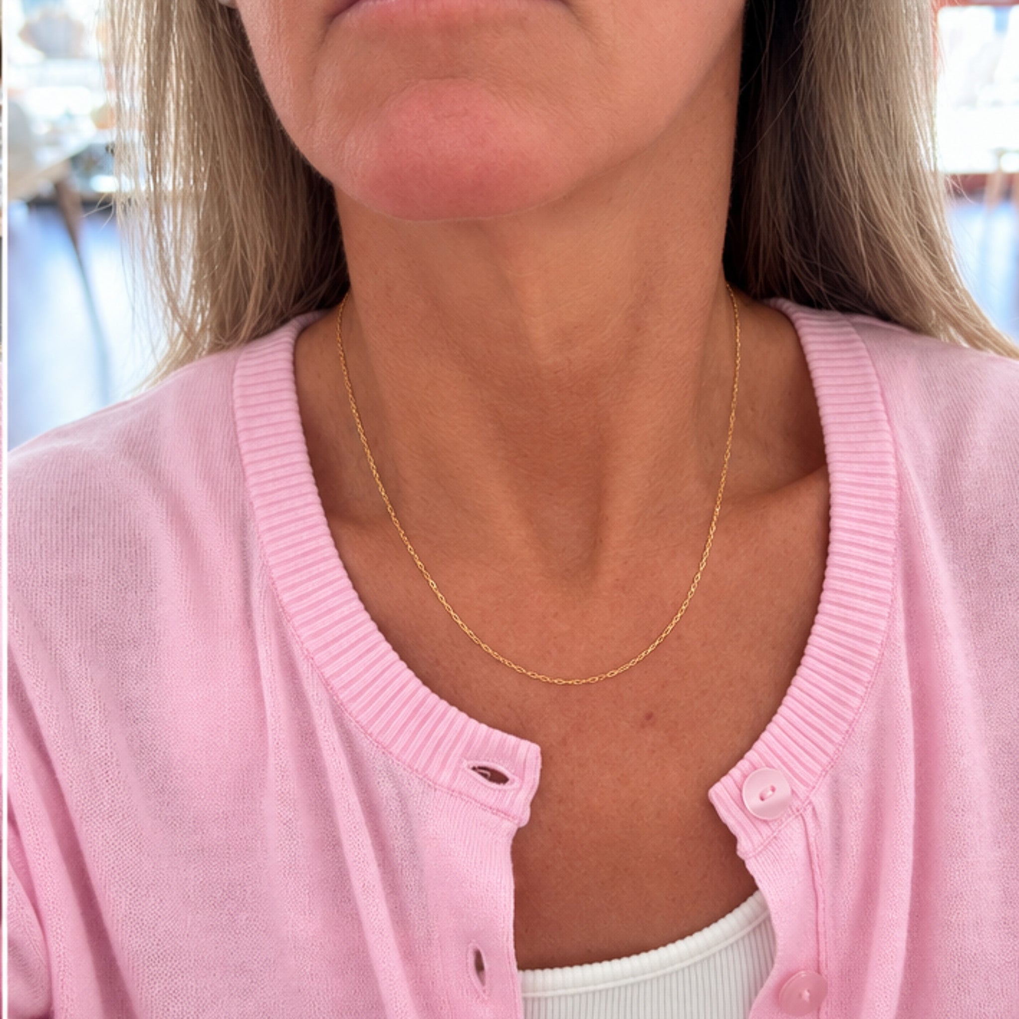 Lush Designs 46cm dainty gold vermeil chain necklace worn on model, delicate everyday gold jewellery designed in Broome Australia.