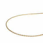 Close-up of delicate gold vermeil necklace chain links showing the fine craftsmanship and 2-micron gold plated finish.